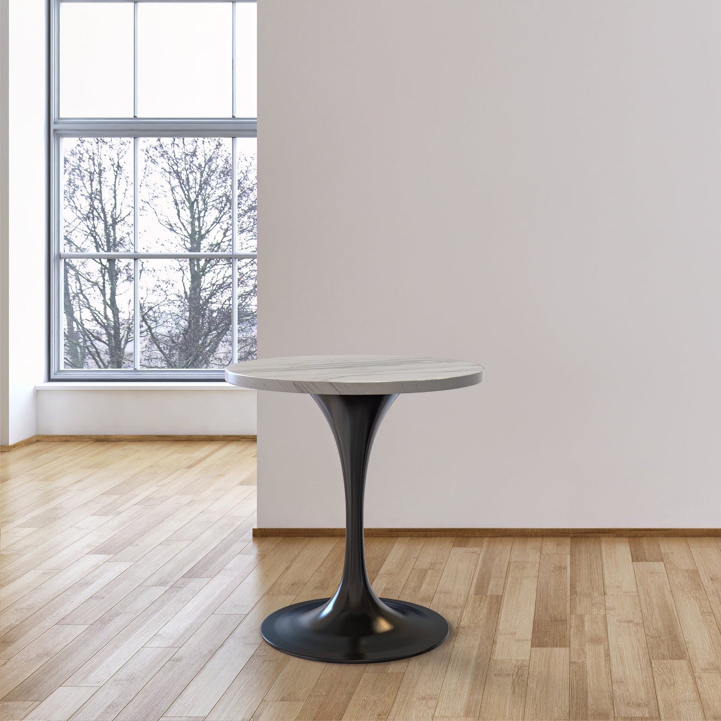 Verve Round Dining Table with MDF/Sintered Stone/Resin Tabletop in Black Stainless Steel Pedestal Base
