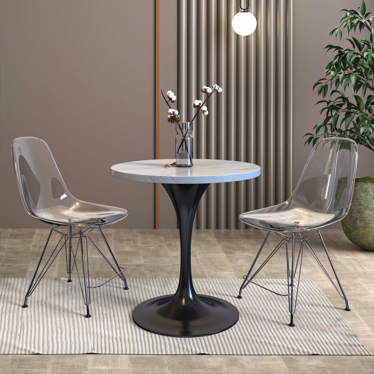 Verve Round Dining Table with MDF/Sintered Stone/Resin Tabletop in Black Stainless Steel Pedestal Base