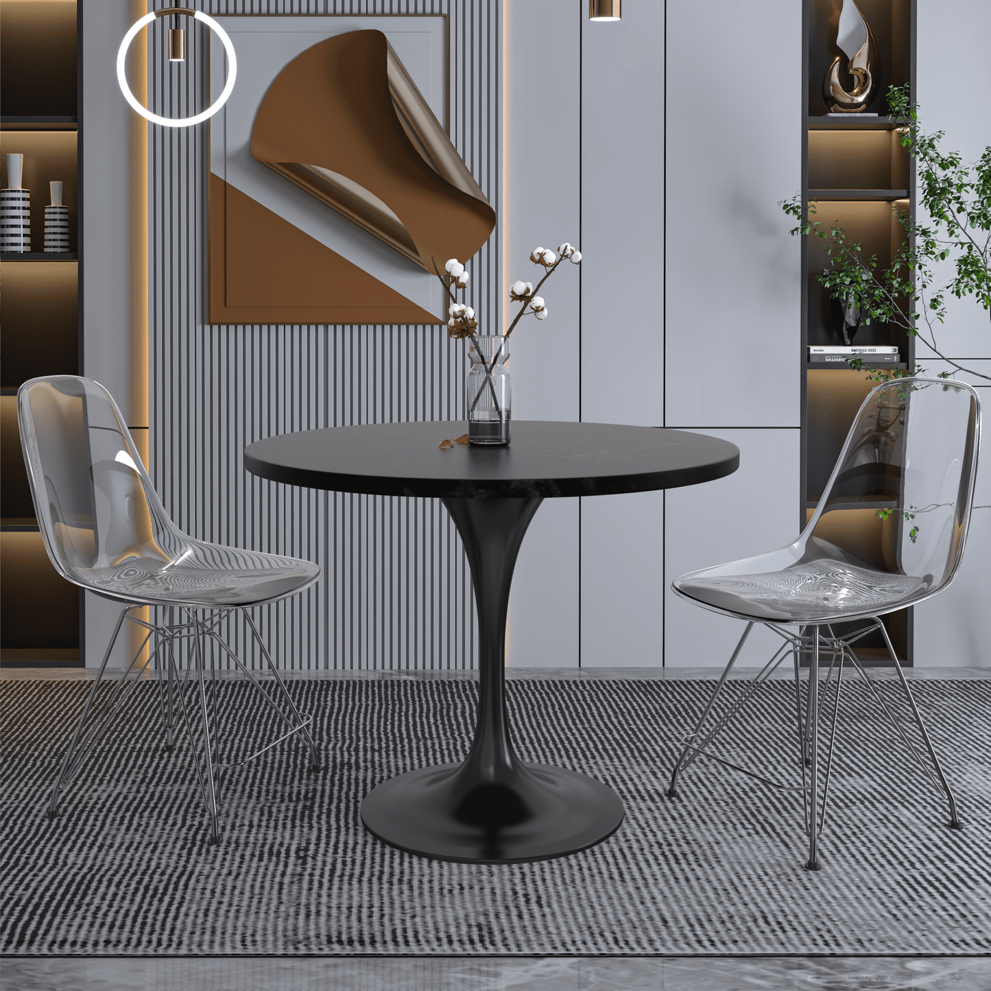 Verve Round Dining Table with MDF/Sintered Stone/Resin Tabletop in Black Stainless Steel Pedestal Base