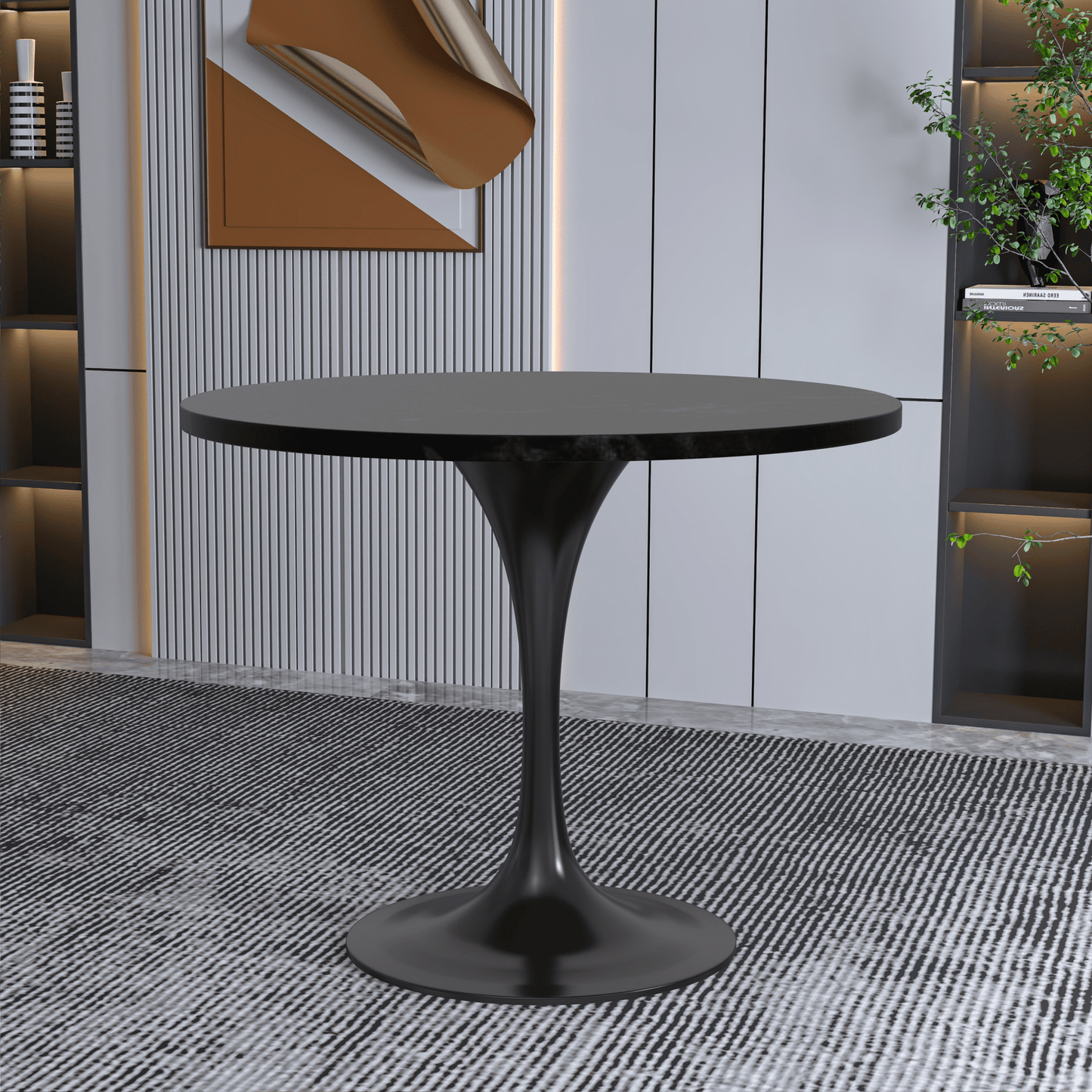 Verve Round Dining Table with MDF/Sintered Stone/Resin Tabletop in Black Stainless Steel Pedestal Base