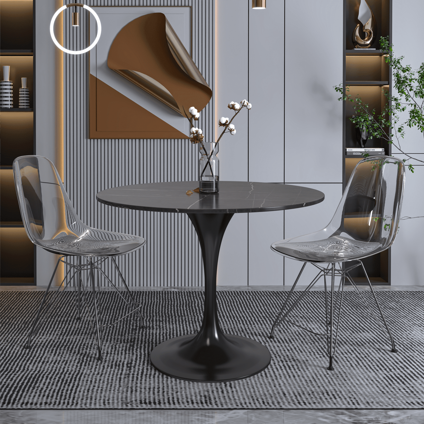 Verve Round Dining Table with MDF/Sintered Stone/Resin Tabletop in Black Stainless Steel Pedestal Base