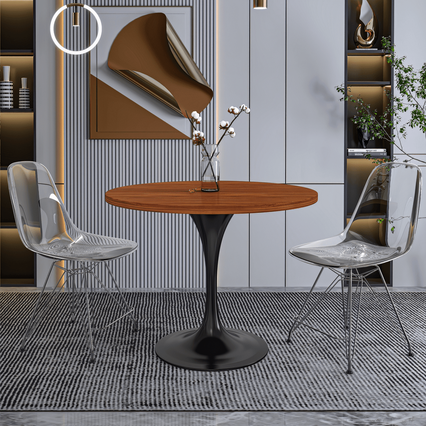 Verve Round Dining Table with MDF/Sintered Stone/Resin Tabletop in Black Stainless Steel Pedestal Base