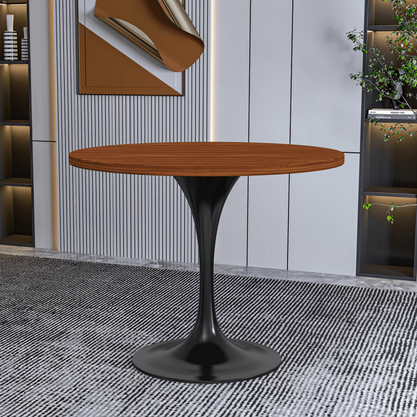 Verve Round Dining Table with MDF/Sintered Stone/Resin Tabletop in Black Stainless Steel Pedestal Base
