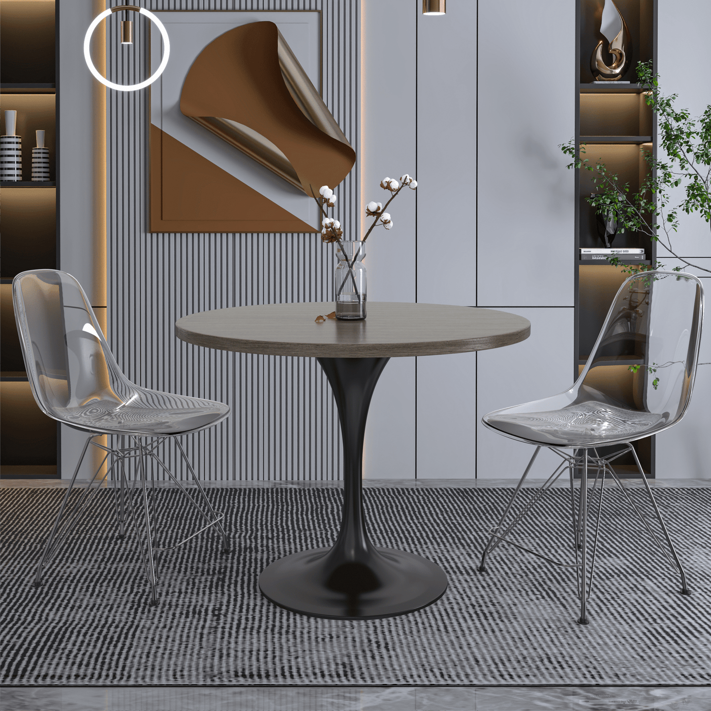 Verve Round Dining Table with MDF/Sintered Stone/Resin Tabletop in Black Stainless Steel Pedestal Base