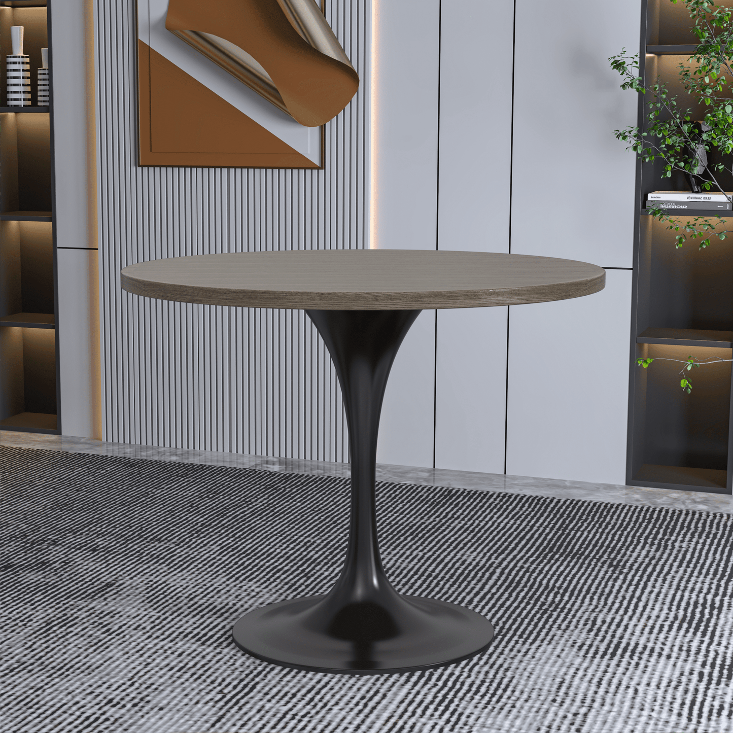 Verve Round Dining Table with MDF/Sintered Stone/Resin Tabletop in Black Stainless Steel Pedestal Base