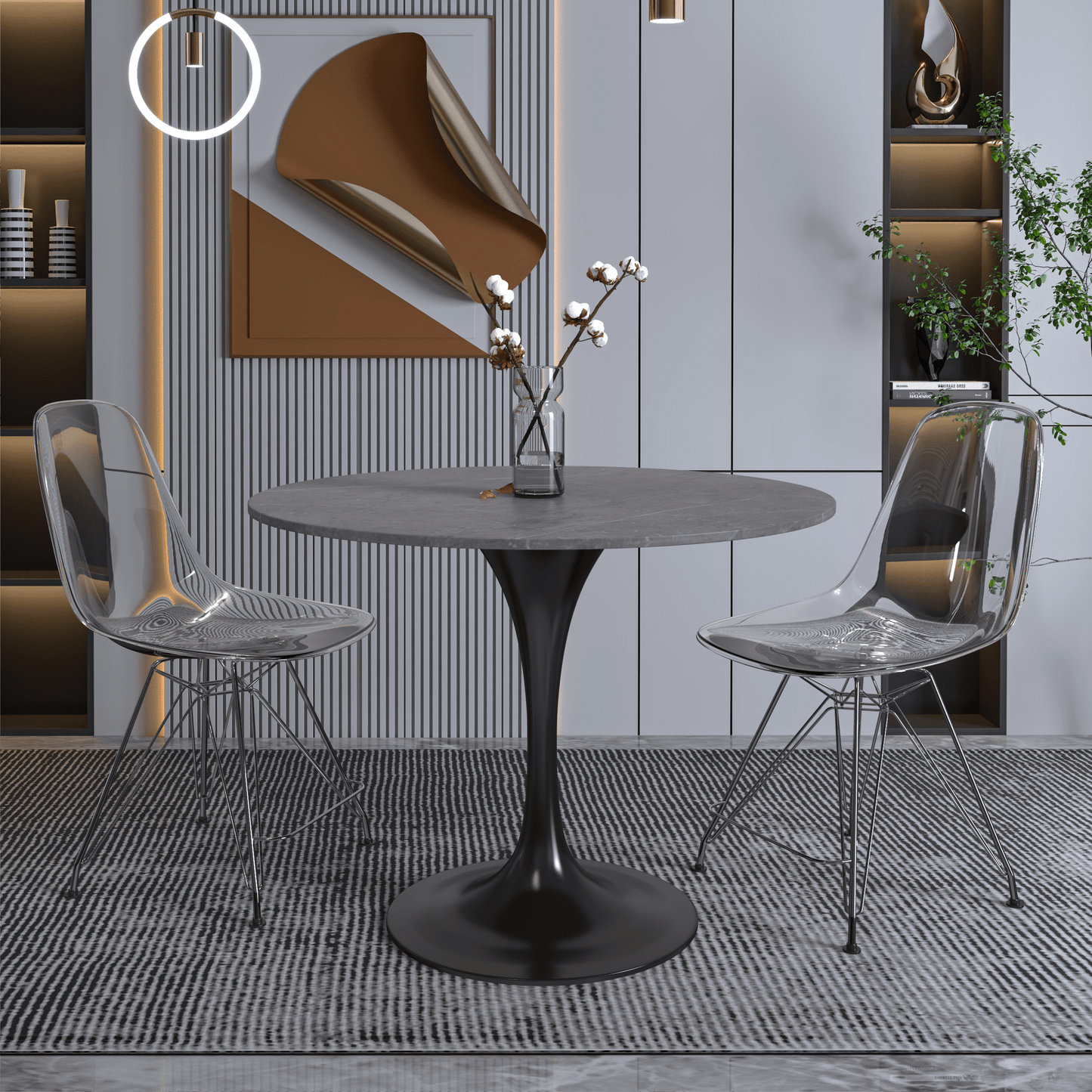 Verve Round Dining Table with MDF/Sintered Stone/Resin Tabletop in Black Stainless Steel Pedestal Base