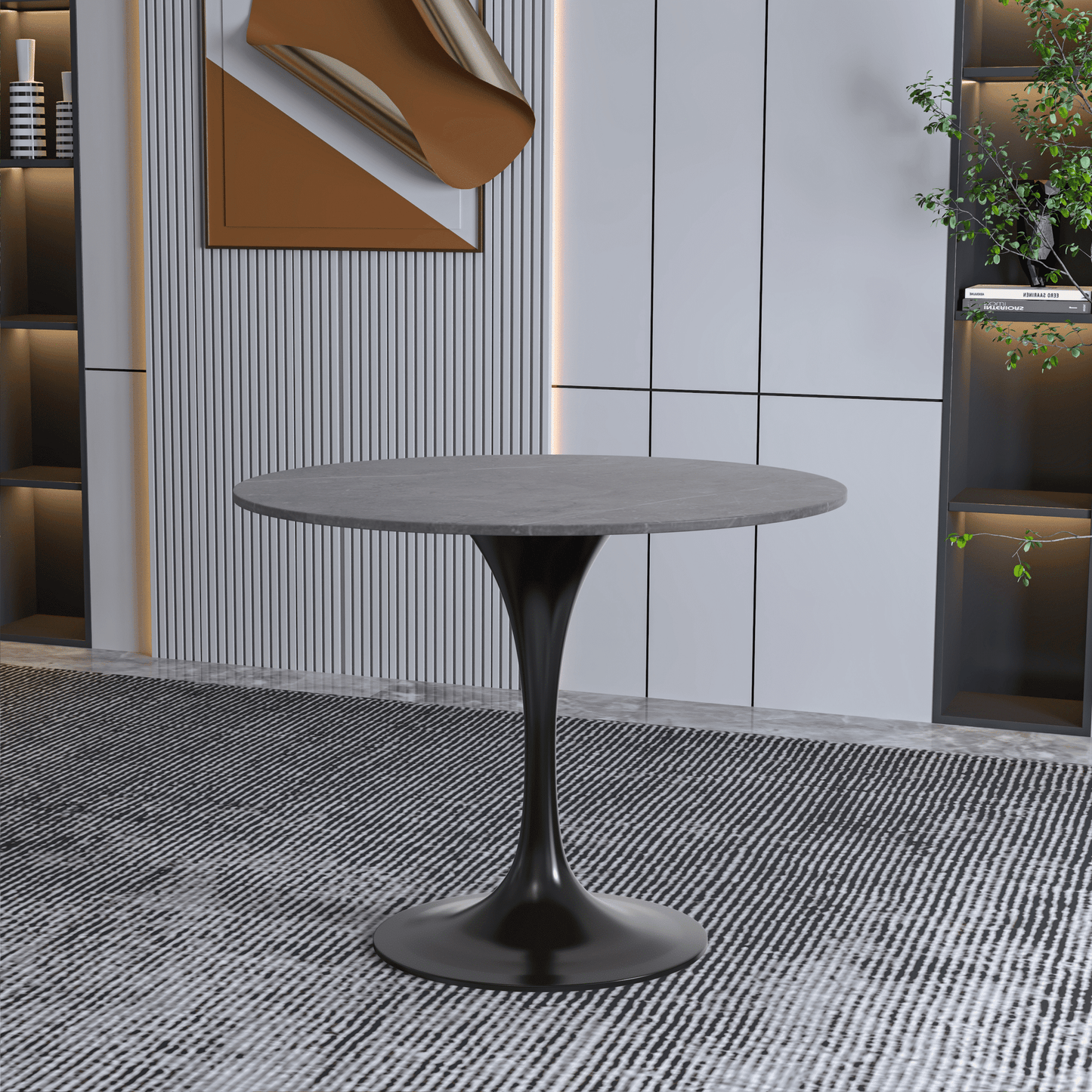 Verve Round Dining Table with MDF/Sintered Stone/Resin Tabletop in Black Stainless Steel Pedestal Base
