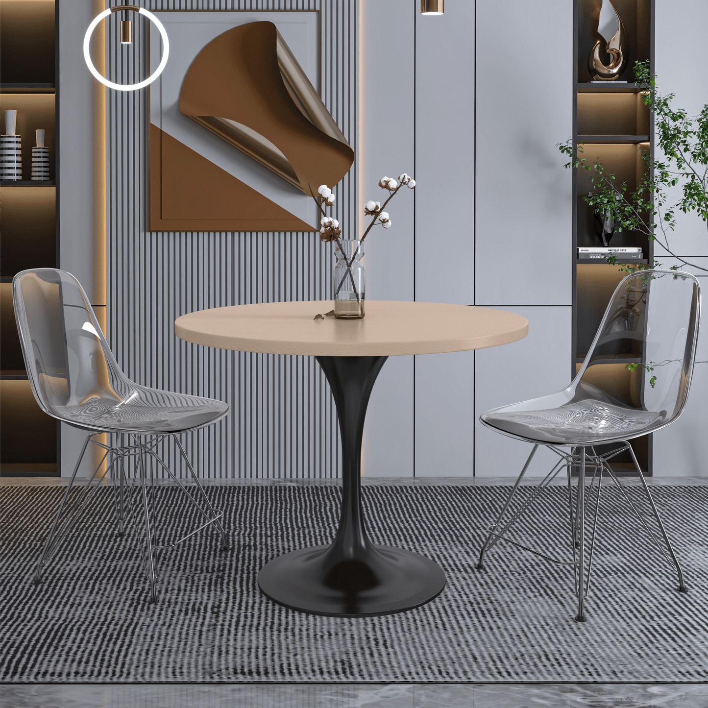 Verve Round Dining Table with MDF/Sintered Stone/Resin Tabletop in Black Stainless Steel Pedestal Base