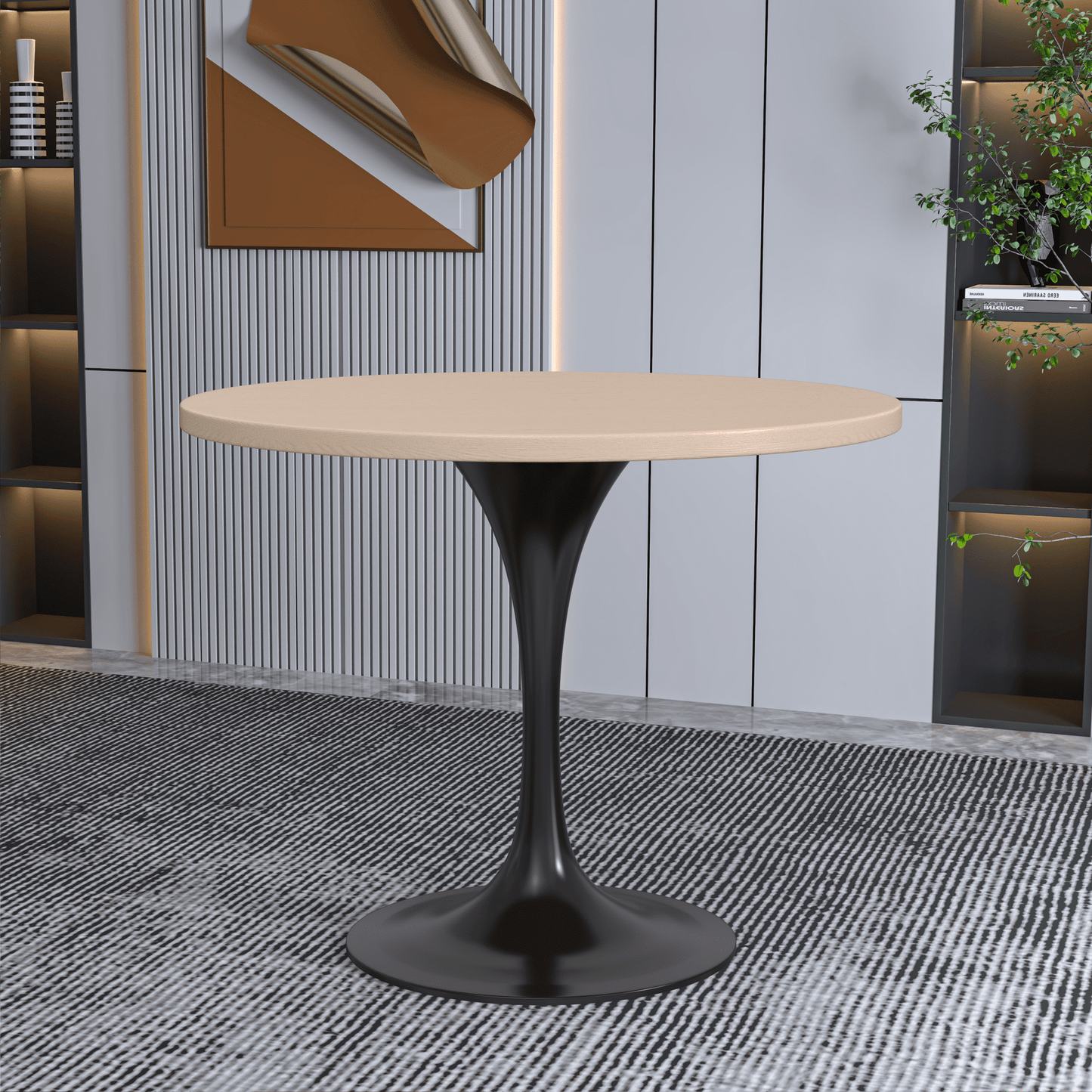 Verve Round Dining Table with MDF/Sintered Stone/Resin Tabletop in Black Stainless Steel Pedestal Base
