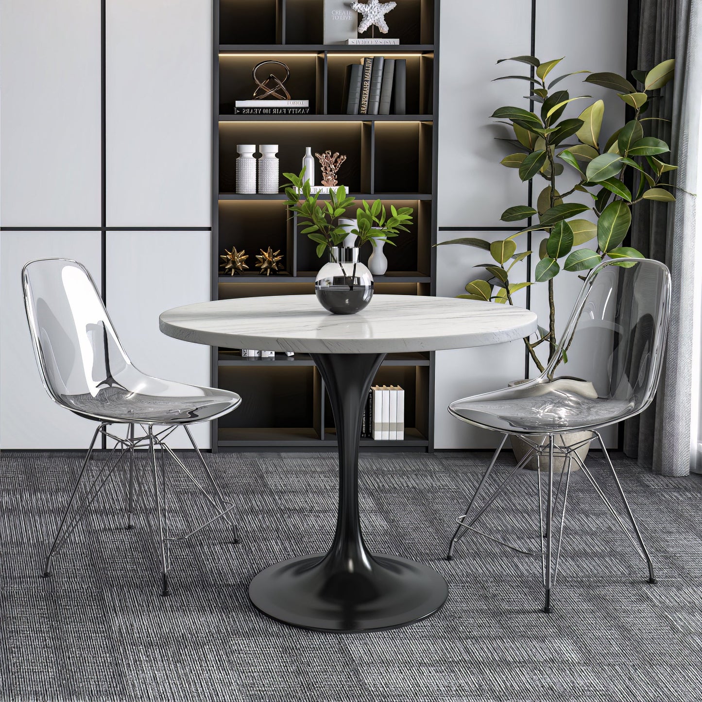 Verve Round Dining Table with MDF/Sintered Stone/Resin Tabletop in Black Stainless Steel Pedestal Base