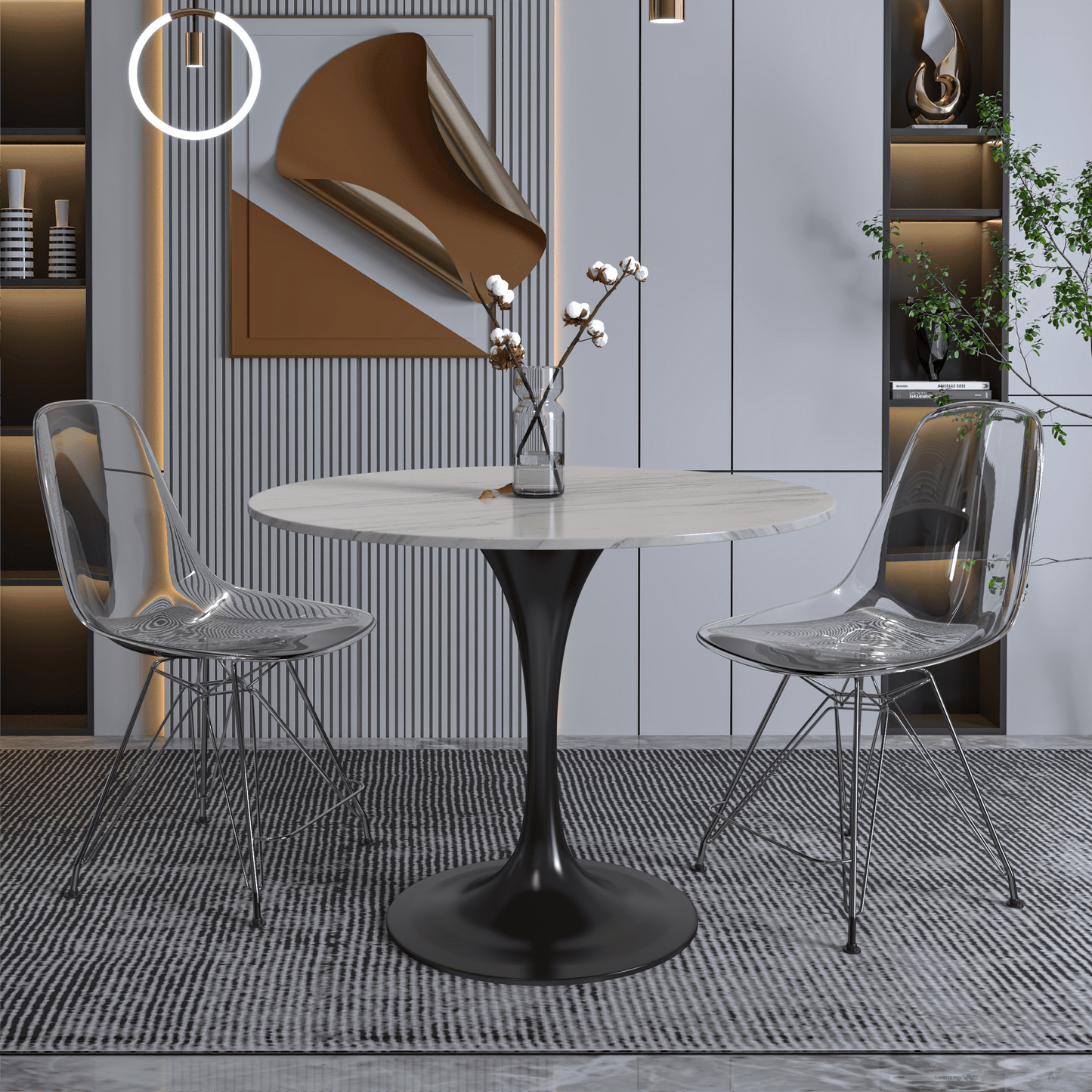Verve Round Dining Table with MDF/Sintered Stone/Resin Tabletop in Black Stainless Steel Pedestal Base
