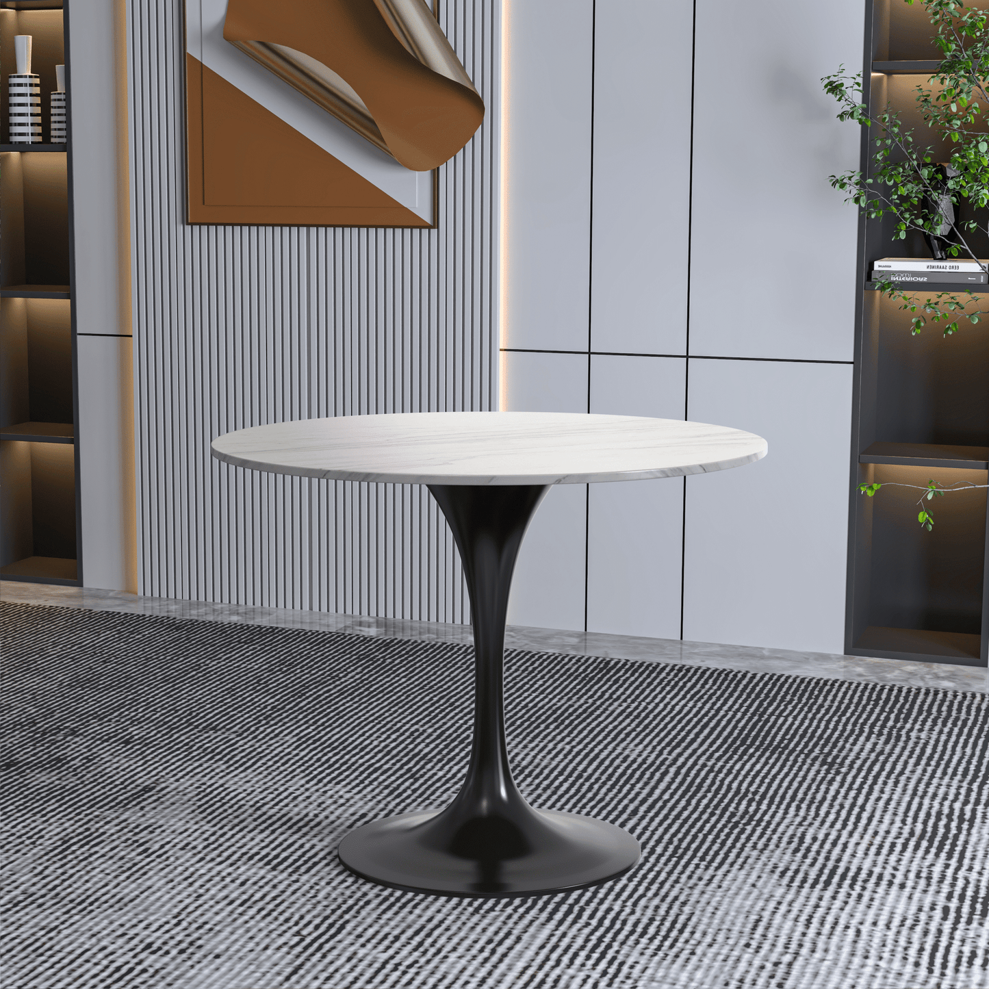 Verve Round Dining Table with MDF/Sintered Stone/Resin Tabletop in Black Stainless Steel Pedestal Base