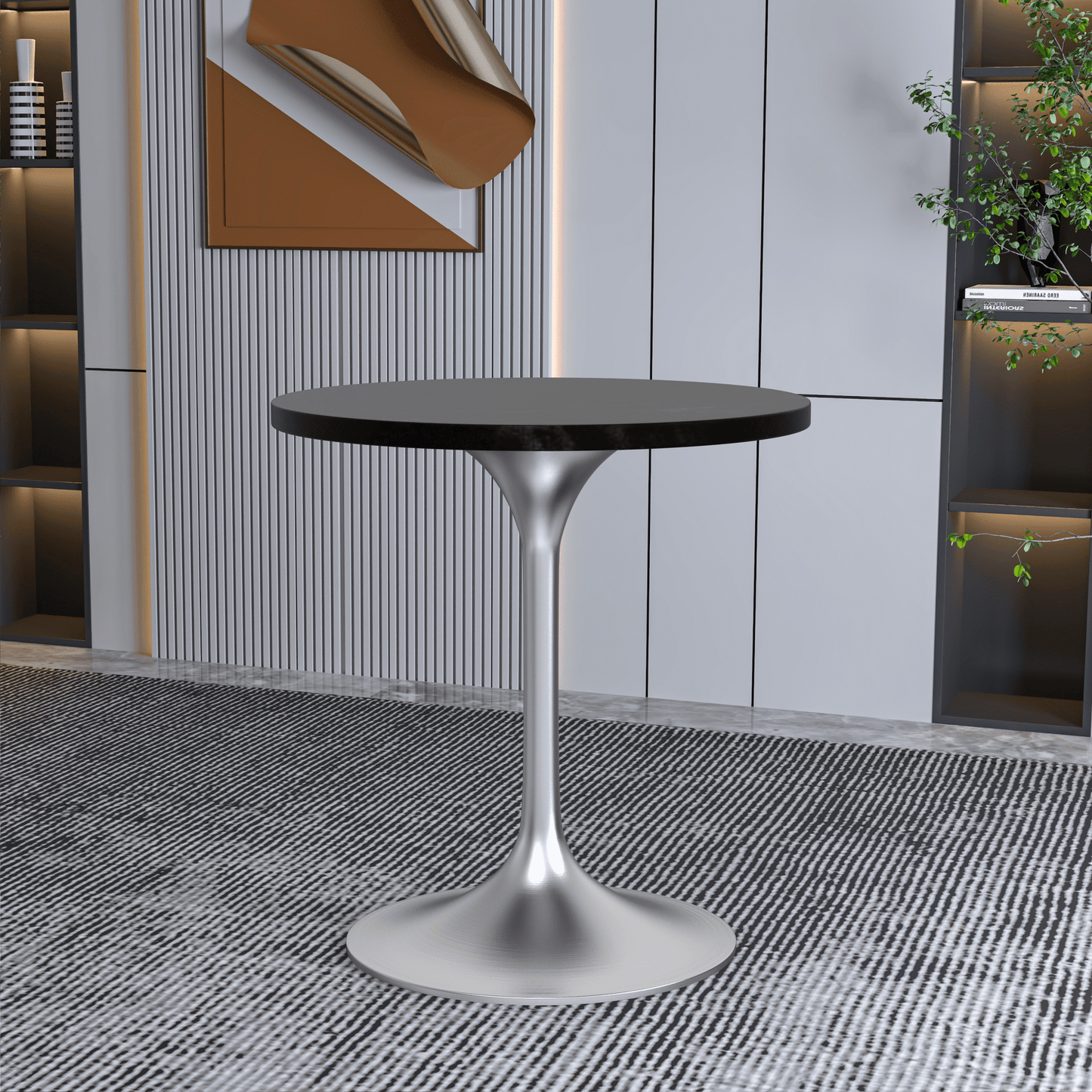 Verve Round Dining Table with MDF/Sintered Stone/Resin Tabletop in Silver Stainless Steel Pedestal Base