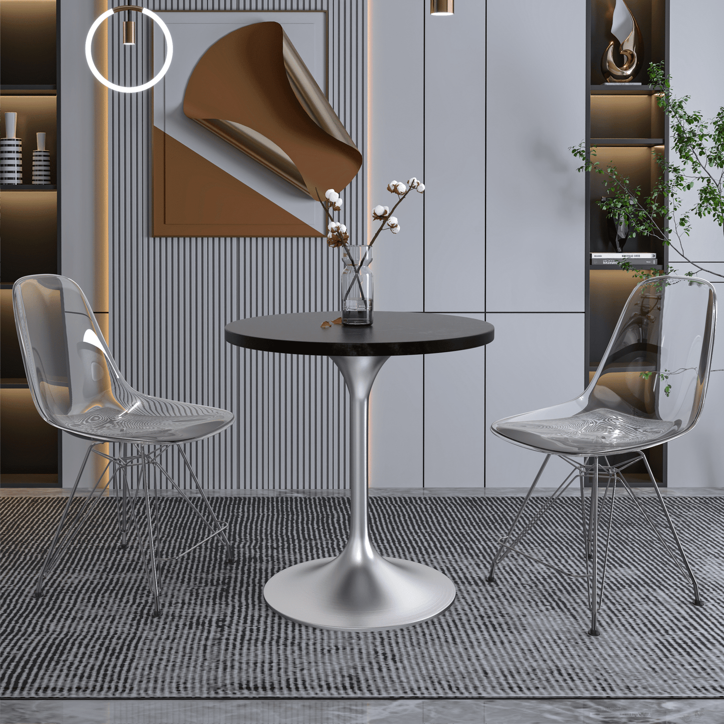 Verve Round Dining Table with MDF/Sintered Stone/Resin Tabletop in Silver Stainless Steel Pedestal Base