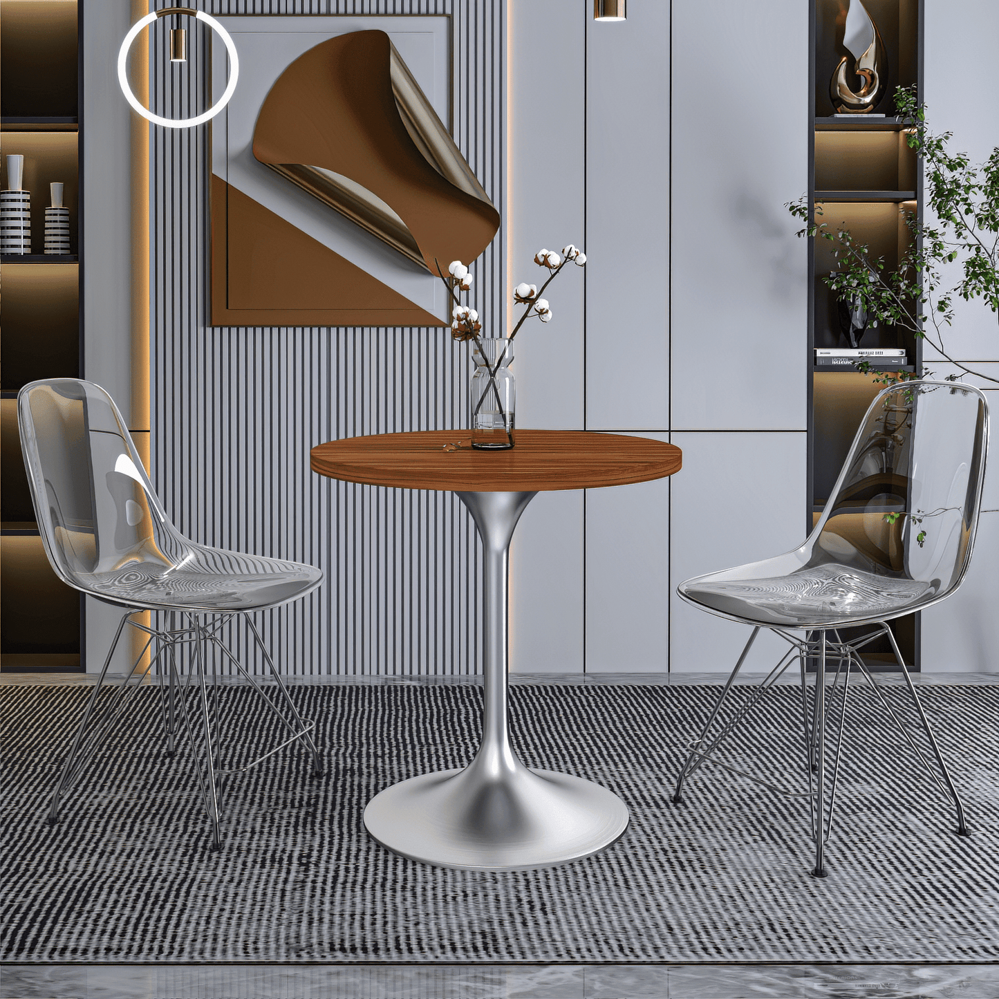 Verve Round Dining Table with MDF/Sintered Stone/Resin Tabletop in Silver Stainless Steel Pedestal Base
