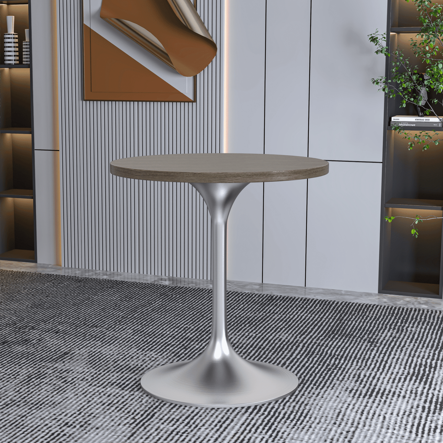 Verve Round Dining Table with MDF/Sintered Stone/Resin Tabletop in Silver Stainless Steel Pedestal Base