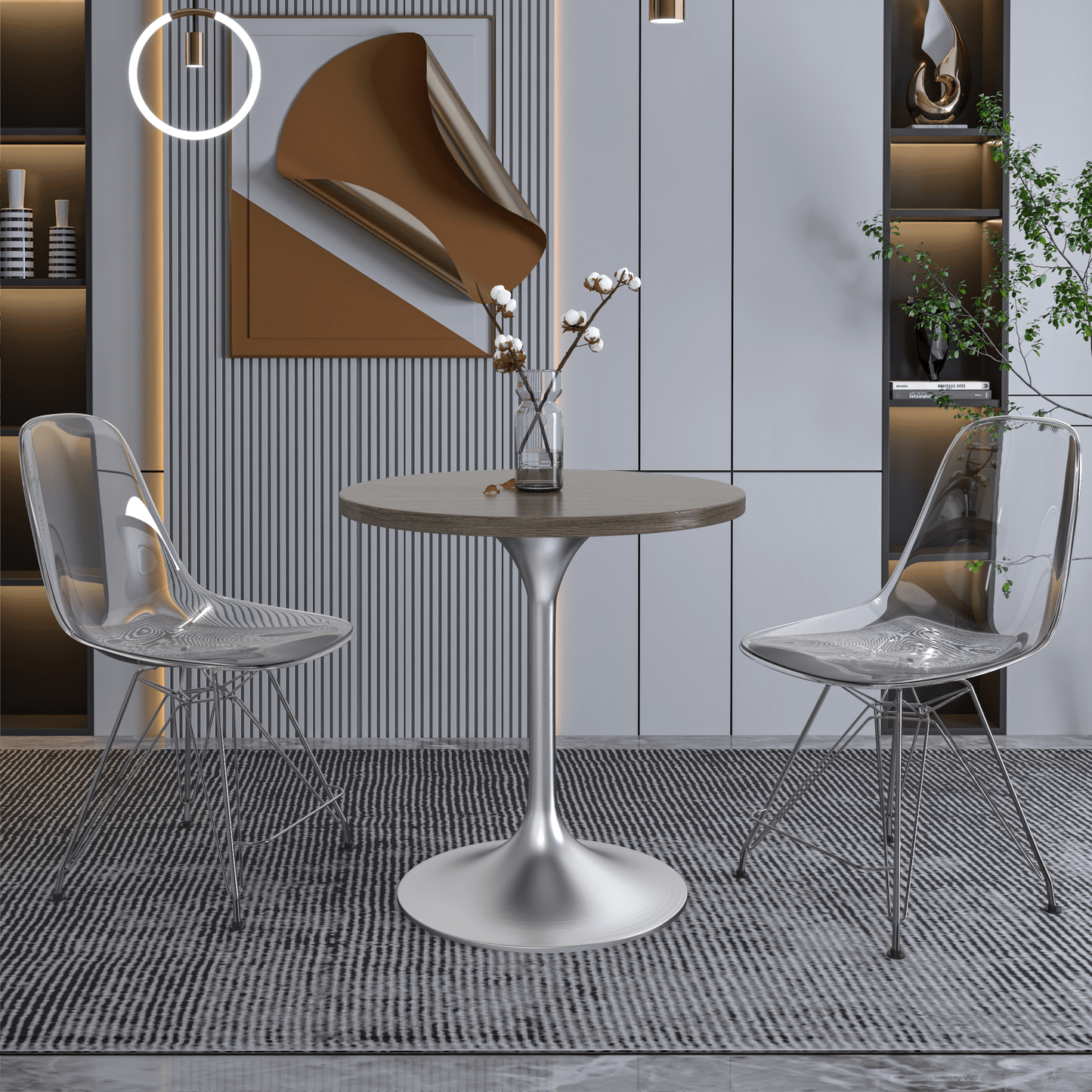 Verve Round Dining Table with MDF/Sintered Stone/Resin Tabletop in Silver Stainless Steel Pedestal Base