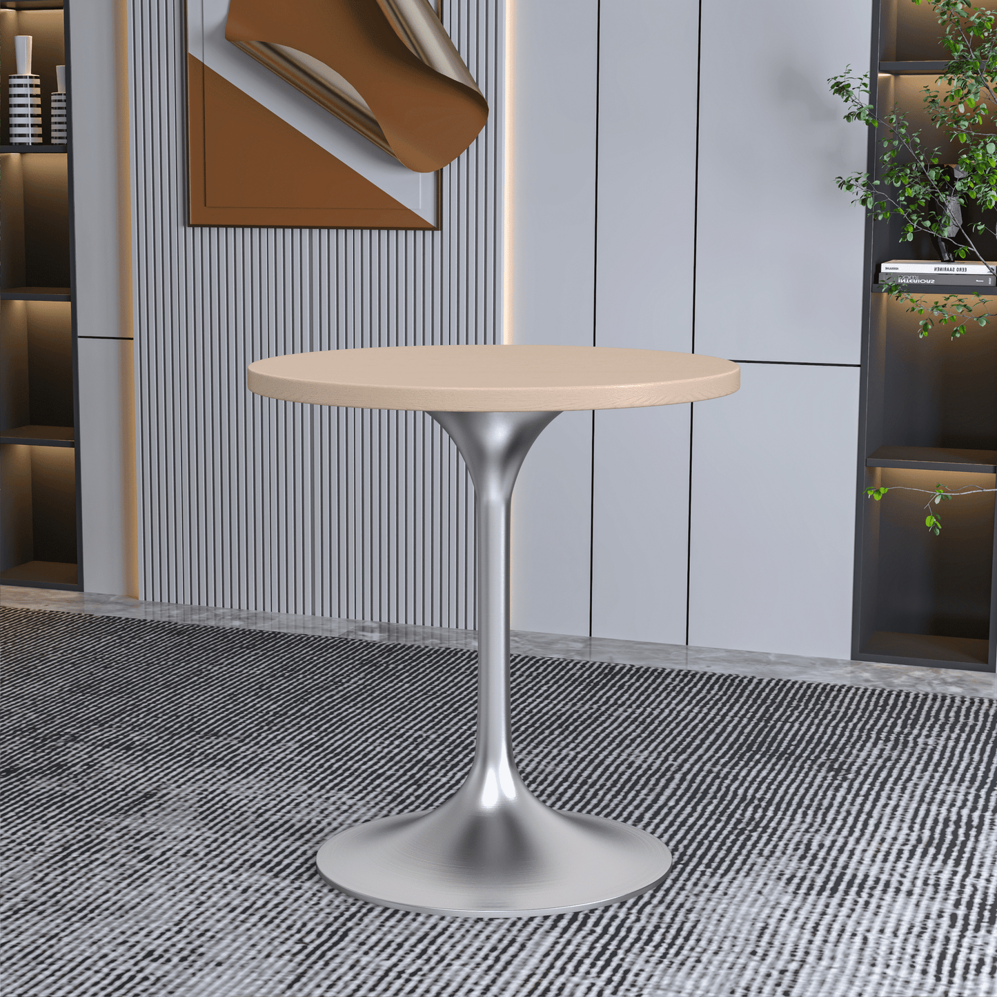 Verve Round Dining Table with MDF/Sintered Stone/Resin Tabletop in Silver Stainless Steel Pedestal Base