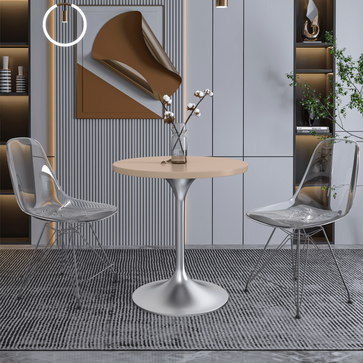 Verve Round Dining Table with MDF/Sintered Stone/Resin Tabletop in Silver Stainless Steel Pedestal Base