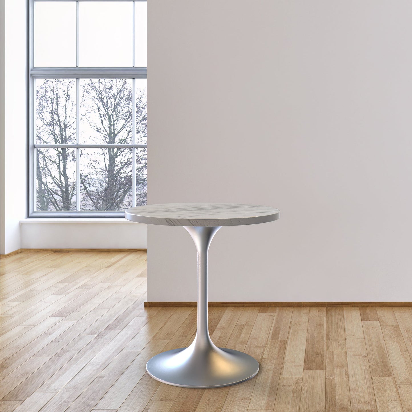Verve Round Dining Table with MDF/Sintered Stone/Resin Tabletop in Silver Stainless Steel Pedestal Base
