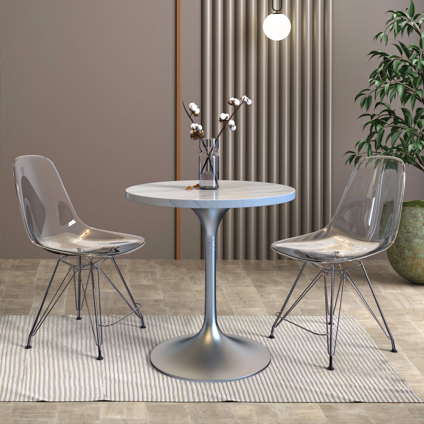 Verve Round Dining Table with MDF/Sintered Stone/Resin Tabletop in Silver Stainless Steel Pedestal Base
