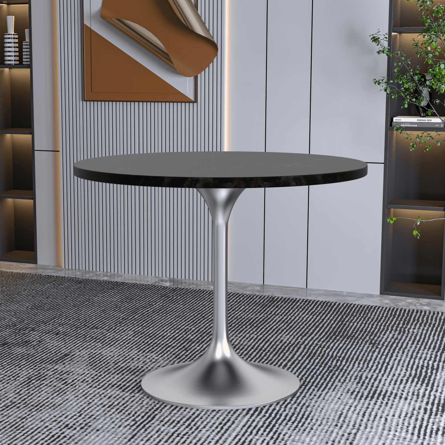 Verve Round Dining Table with MDF/Sintered Stone/Resin Tabletop in Silver Stainless Steel Pedestal Base