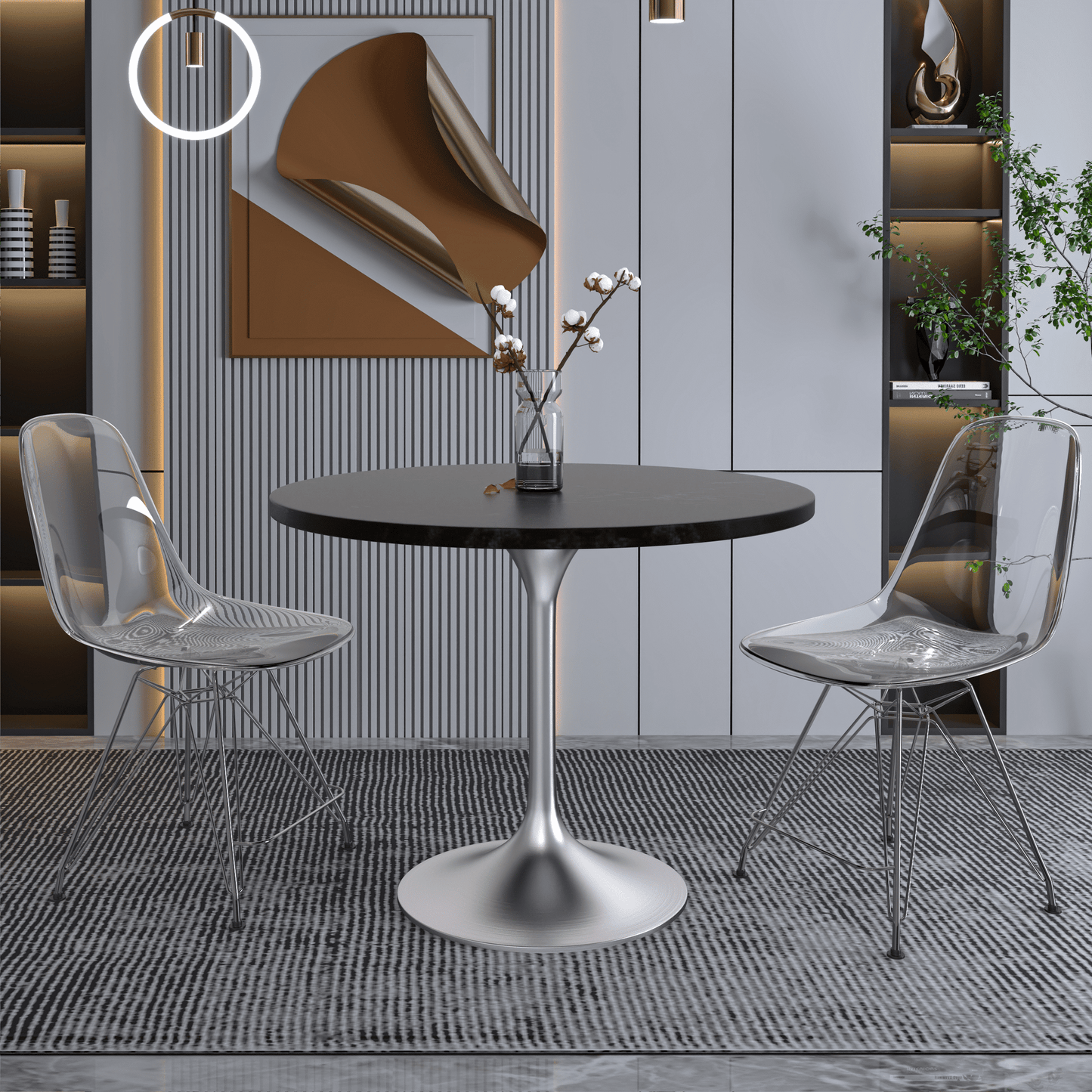 Verve Round Dining Table with MDF/Sintered Stone/Resin Tabletop in Silver Stainless Steel Pedestal Base