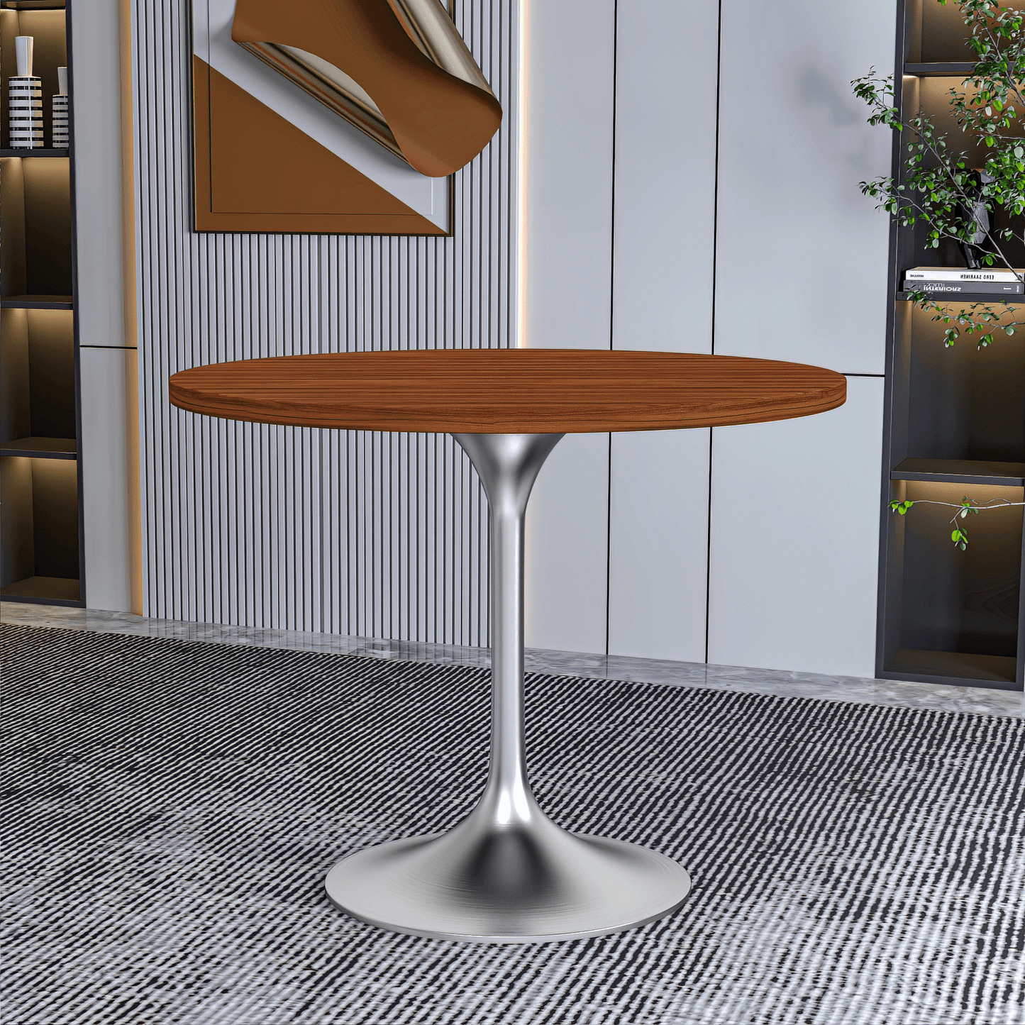 Verve Round Dining Table with MDF/Sintered Stone/Resin Tabletop in Silver Stainless Steel Pedestal Base