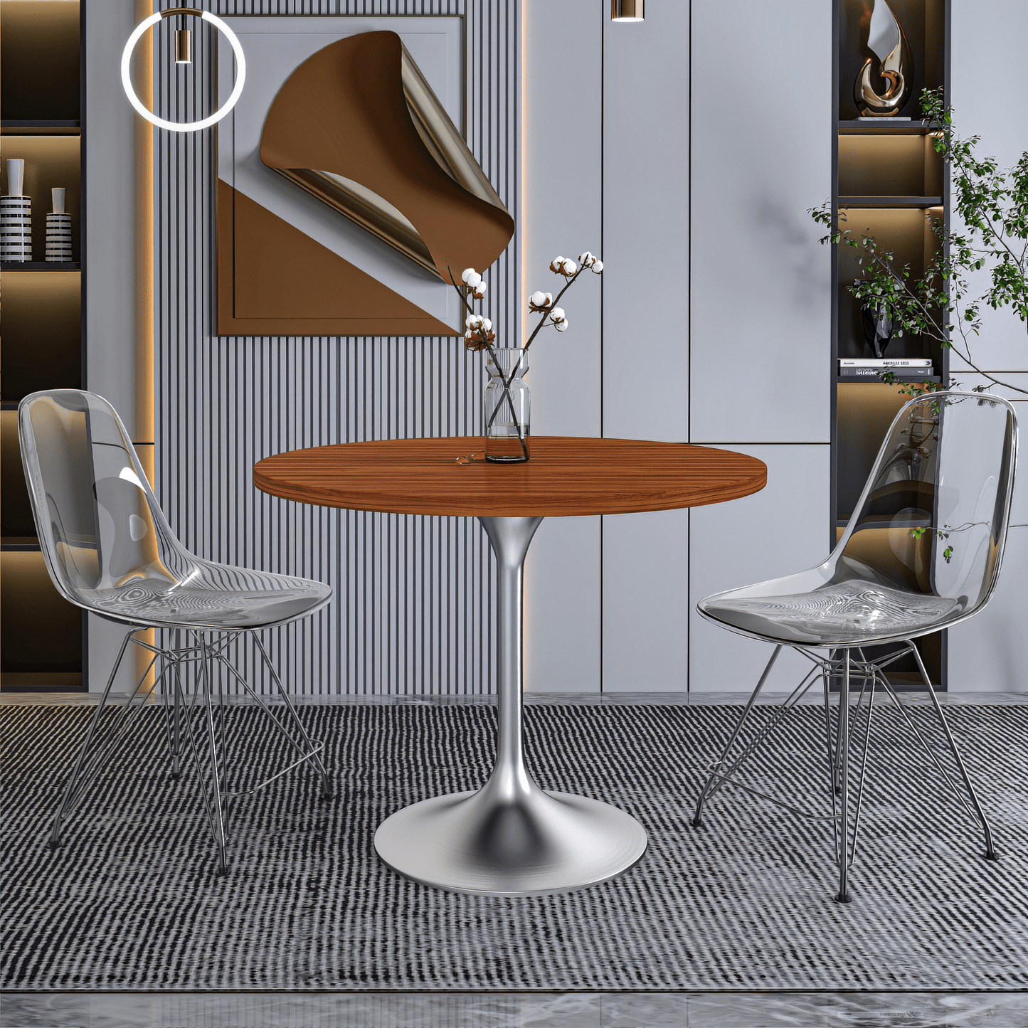Verve Round Dining Table with MDF/Sintered Stone/Resin Tabletop in Silver Stainless Steel Pedestal Base