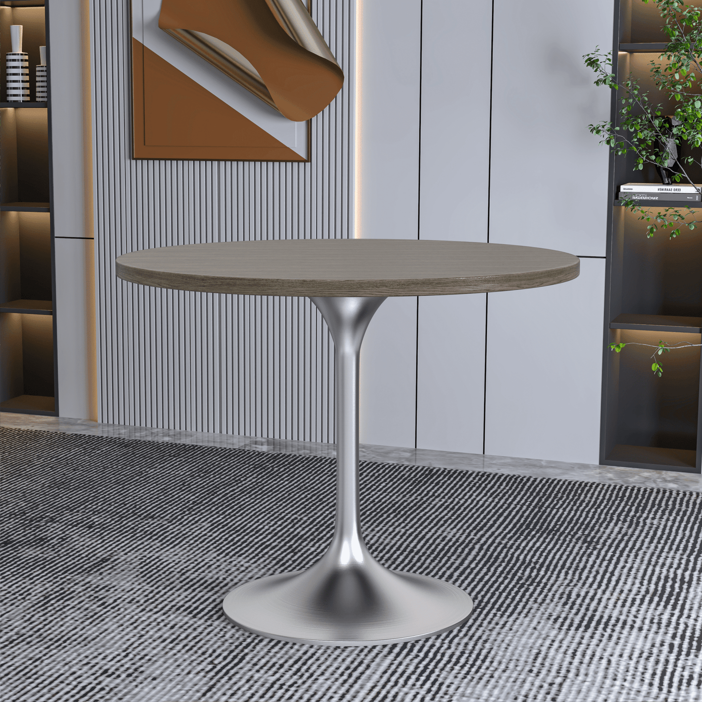 Verve Round Dining Table with MDF/Sintered Stone/Resin Tabletop in Silver Stainless Steel Pedestal Base