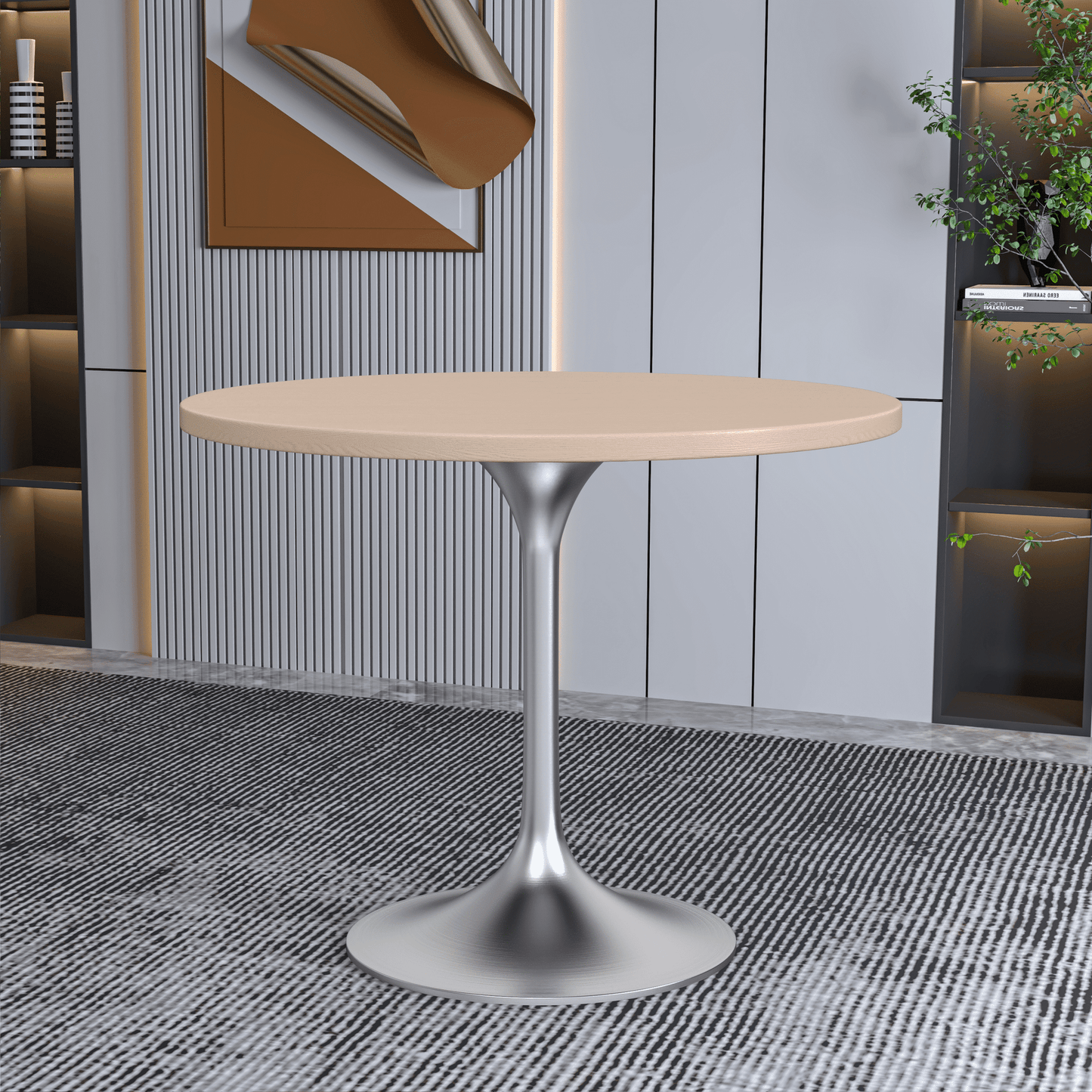 Verve Round Dining Table with MDF/Sintered Stone/Resin Tabletop in Silver Stainless Steel Pedestal Base