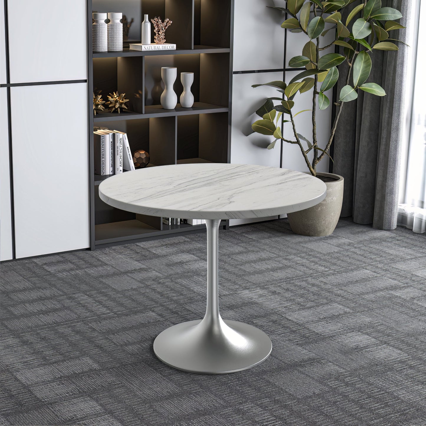 Verve Round Dining Table with MDF/Sintered Stone/Resin Tabletop in Silver Stainless Steel Pedestal Base