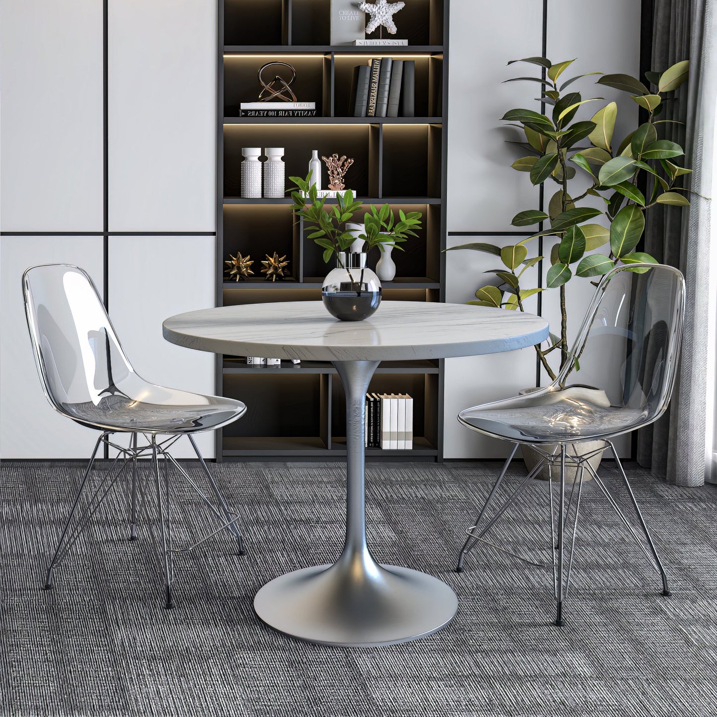Verve Round Dining Table with MDF/Sintered Stone/Resin Tabletop in Silver Stainless Steel Pedestal Base