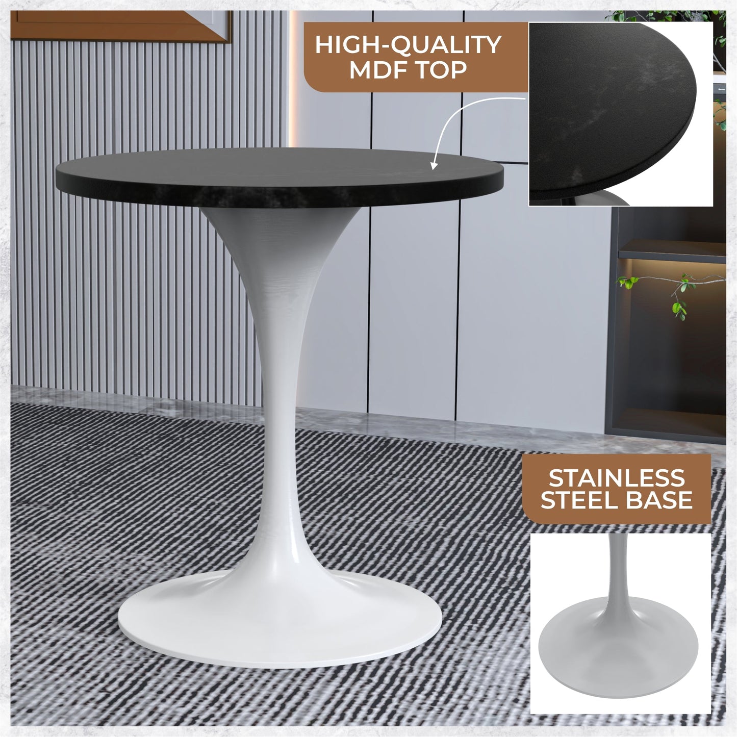 Verve Round Dining Table with MDF/Sintered Stone/Resin Tabletop in White Stainless Steel Pedestal Base