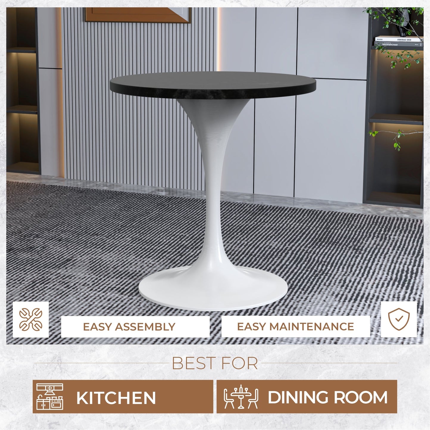 Verve Round Dining Table with MDF/Sintered Stone/Resin Tabletop in White Stainless Steel Pedestal Base