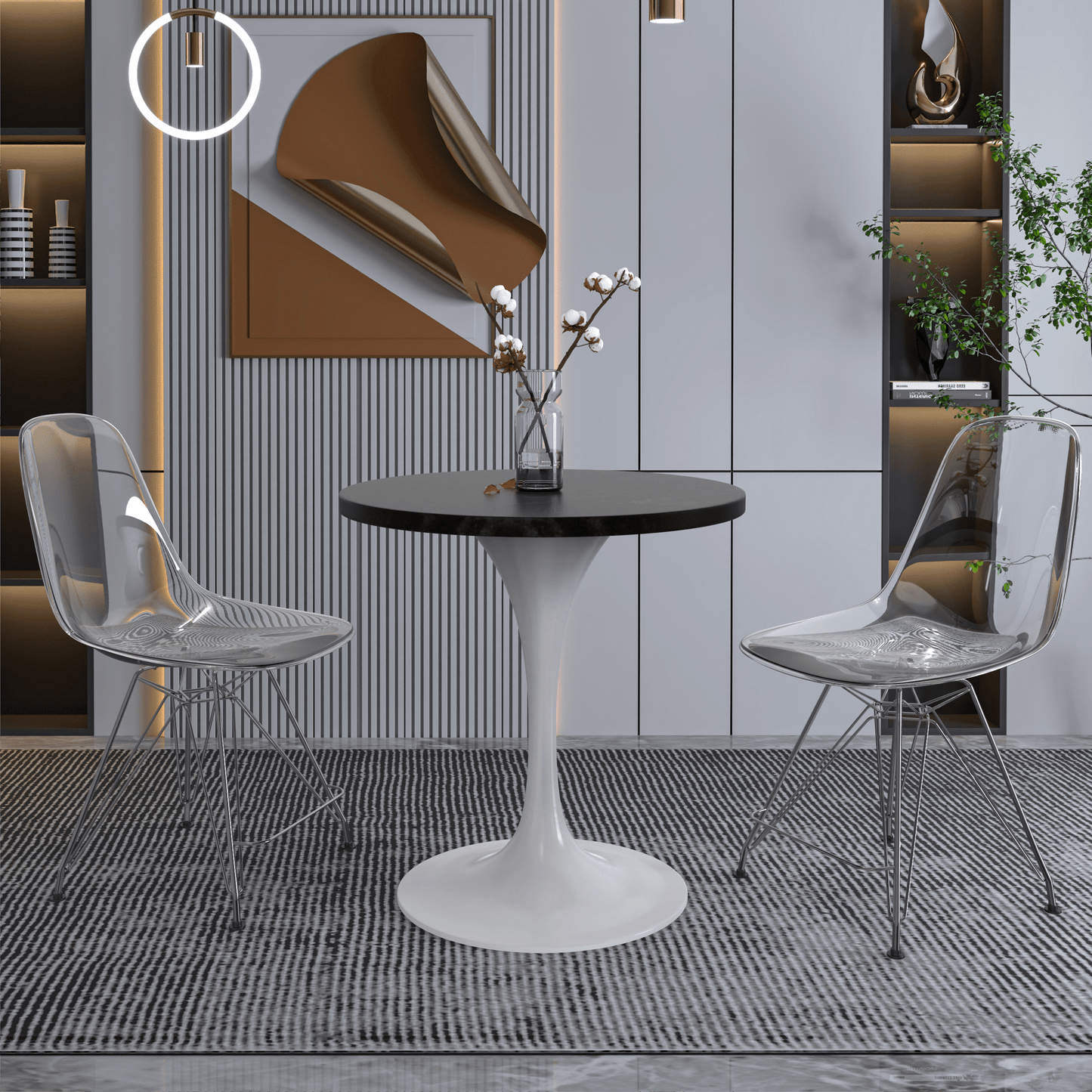 Verve Round Dining Table with MDF/Sintered Stone/Resin Tabletop in White Stainless Steel Pedestal Base