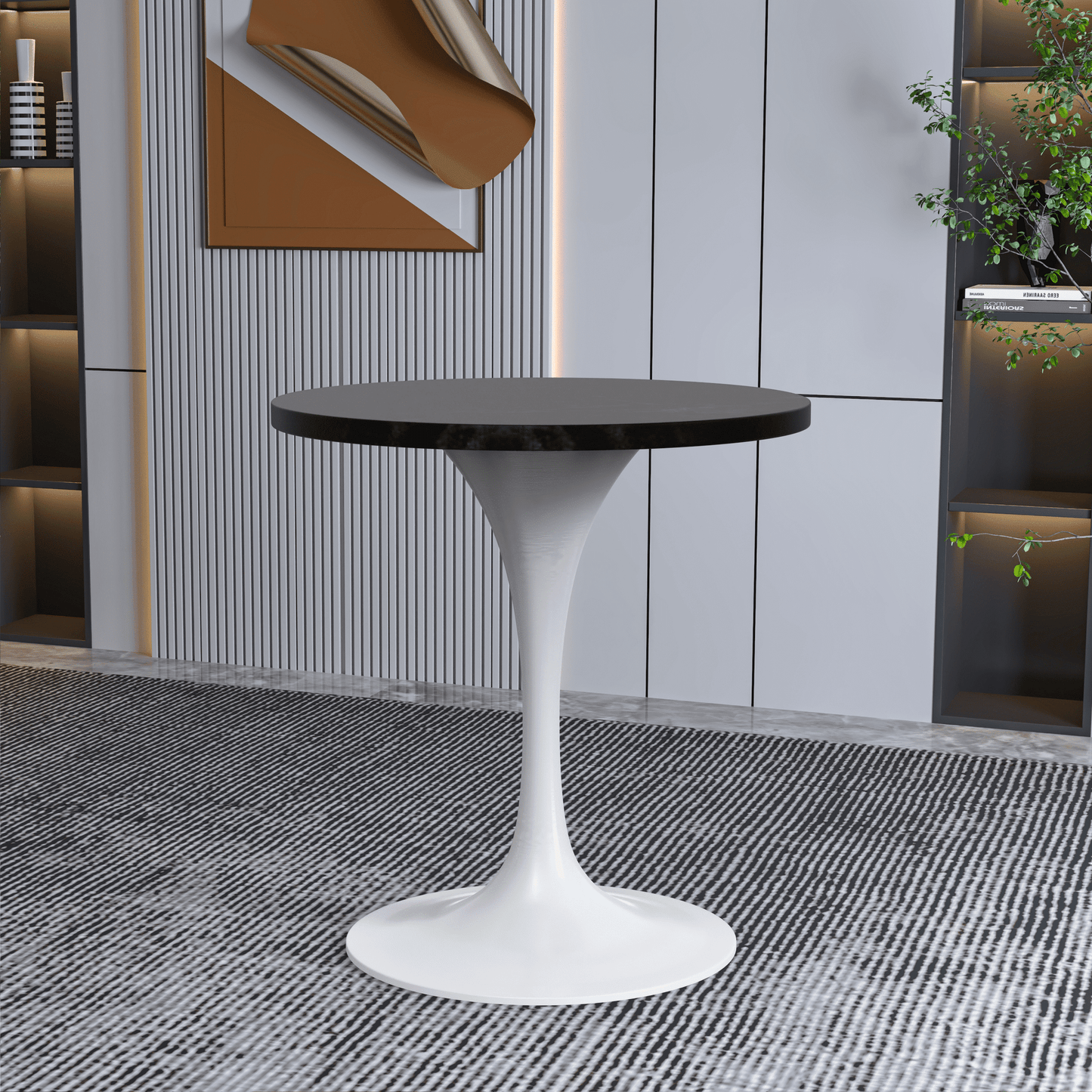 Verve Round Dining Table with MDF/Sintered Stone/Resin Tabletop in White Stainless Steel Pedestal Base