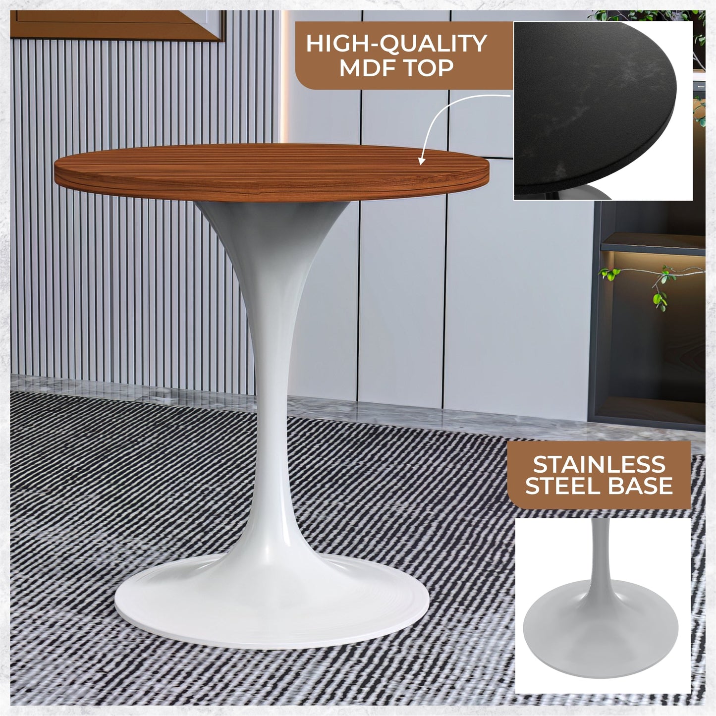 Verve Round Dining Table with MDF/Sintered Stone/Resin Tabletop in White Stainless Steel Pedestal Base