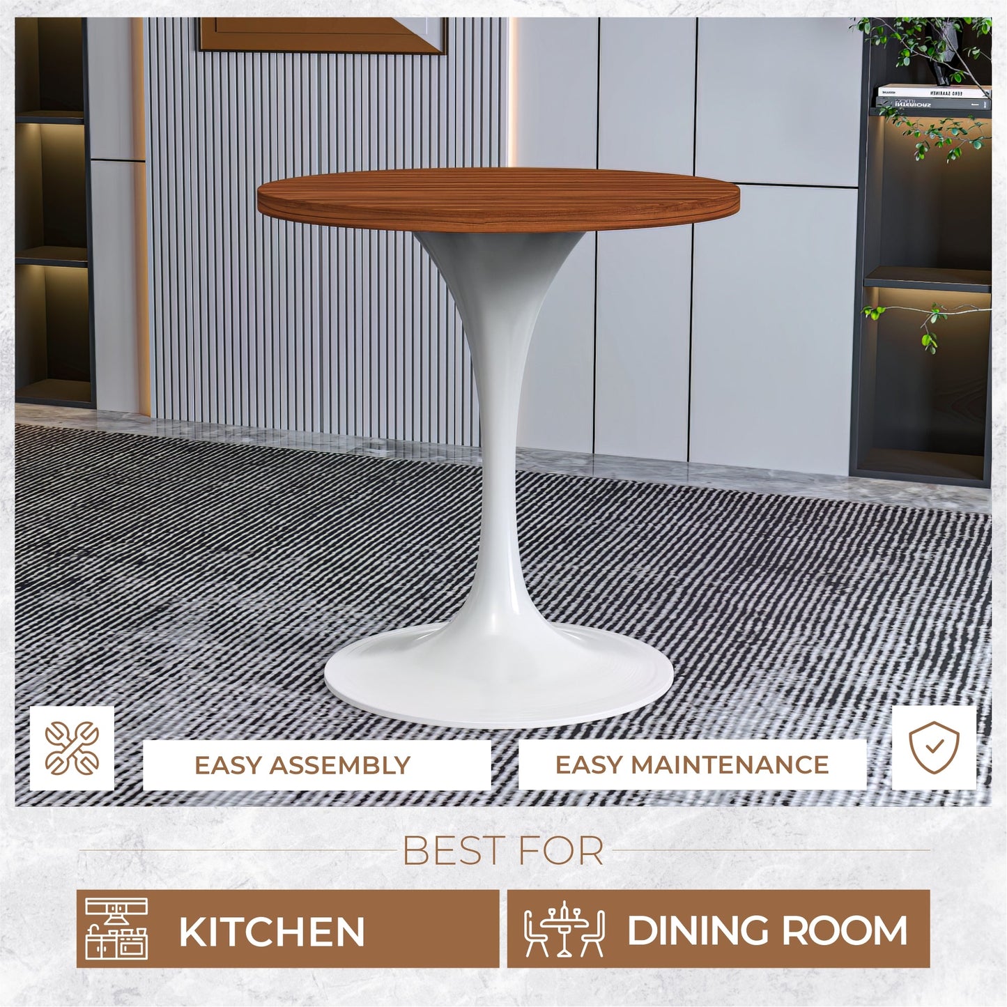Verve Round Dining Table with MDF/Sintered Stone/Resin Tabletop in White Stainless Steel Pedestal Base