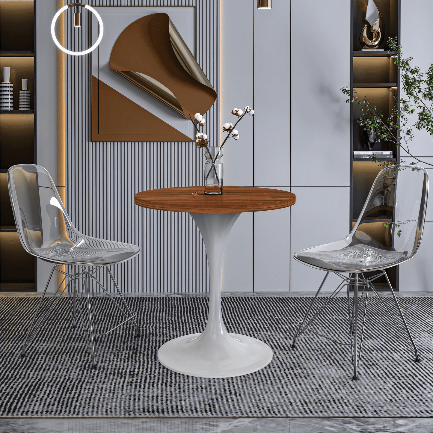 Verve Round Dining Table with MDF/Sintered Stone/Resin Tabletop in White Stainless Steel Pedestal Base