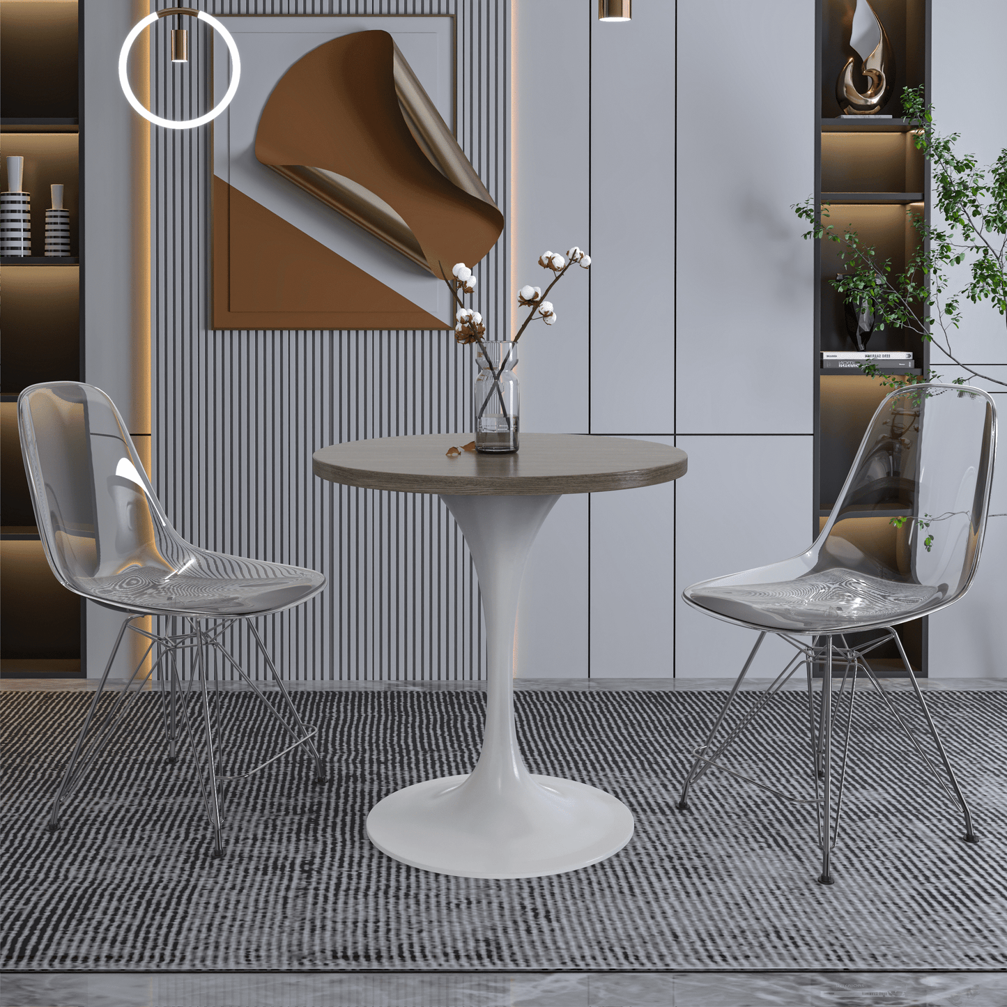 Verve Round Dining Table with MDF/Sintered Stone/Resin Tabletop in White Stainless Steel Pedestal Base