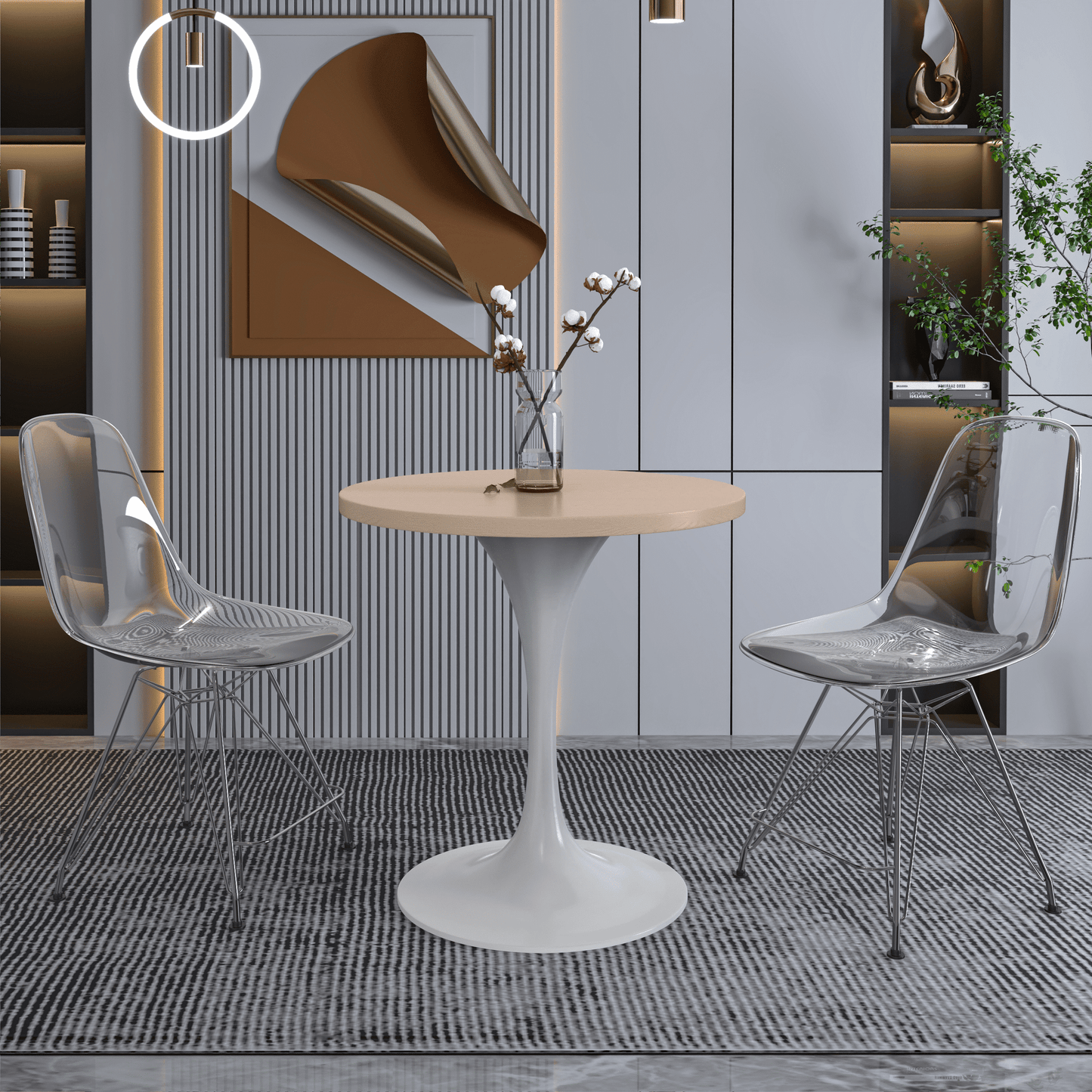 Verve Round Dining Table with MDF/Sintered Stone/Resin Tabletop in White Stainless Steel Pedestal Base