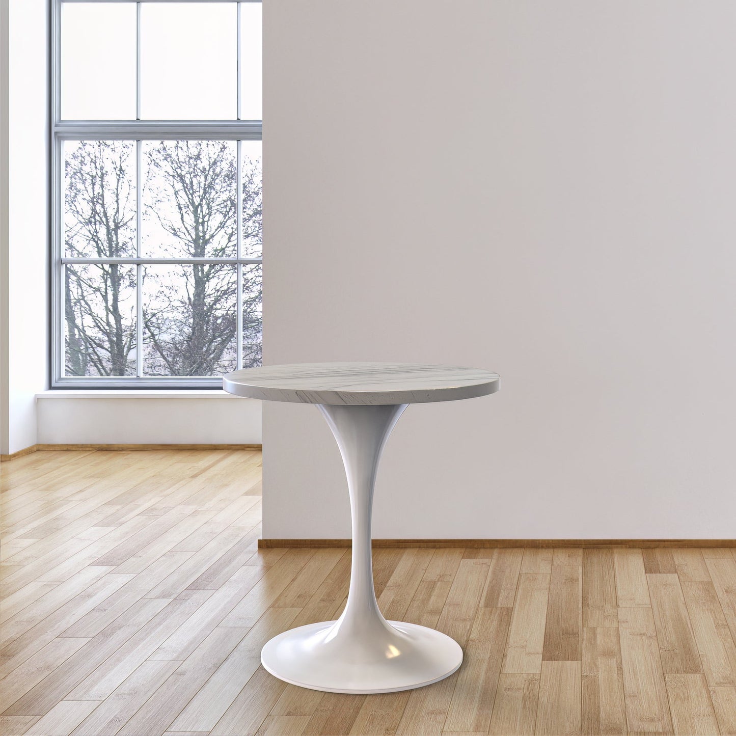 Verve Round Dining Table with MDF/Sintered Stone/Resin Tabletop in White Stainless Steel Pedestal Base