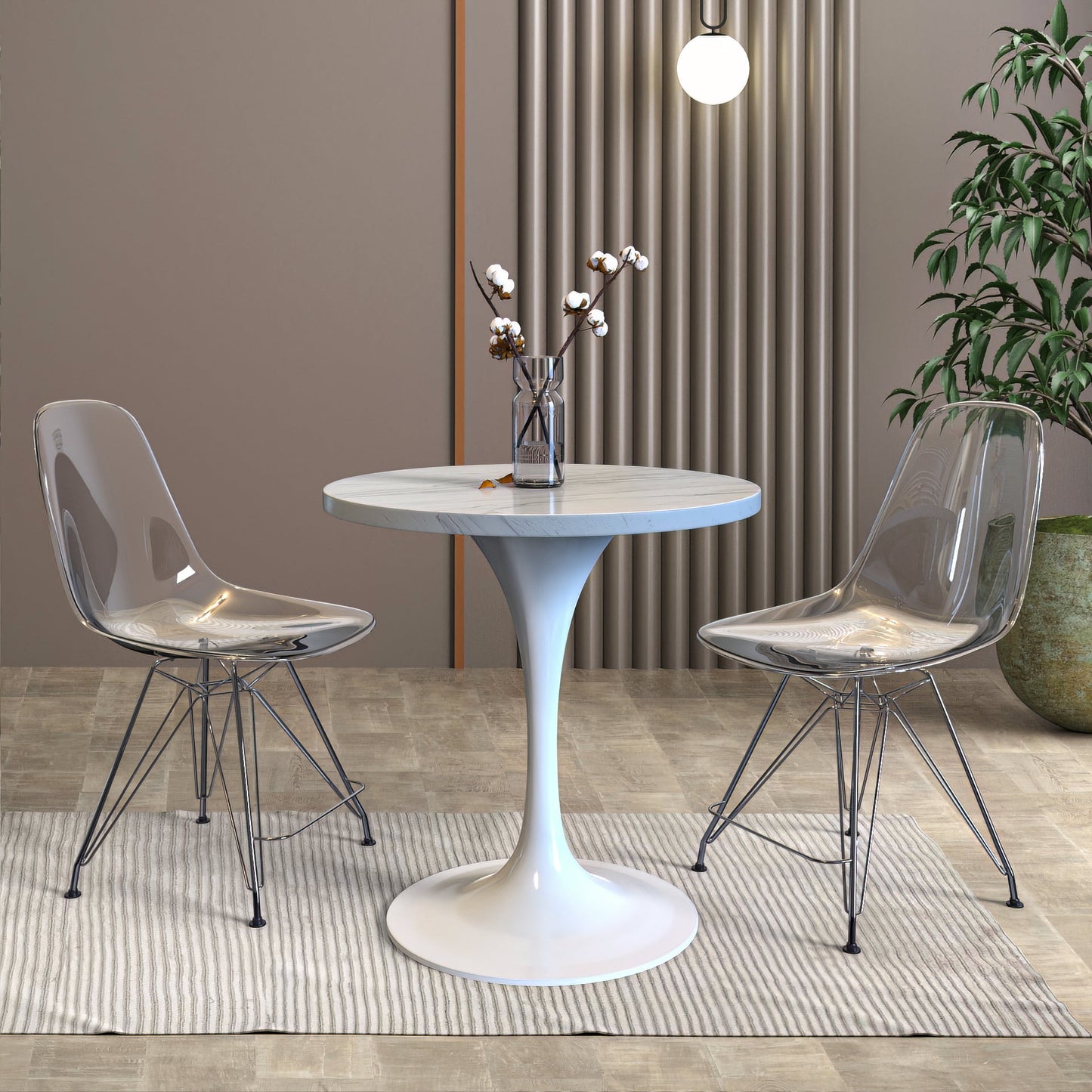 Verve Round Dining Table with MDF/Sintered Stone/Resin Tabletop in White Stainless Steel Pedestal Base
