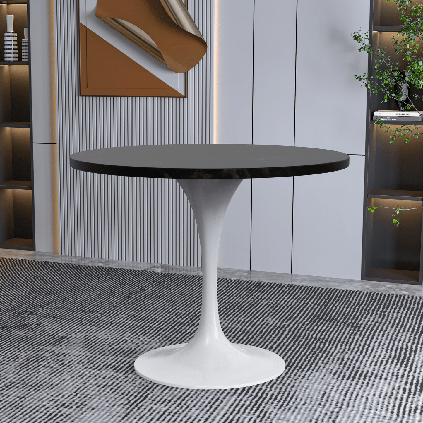 Verve Round Dining Table with MDF/Sintered Stone/Resin Tabletop in White Stainless Steel Pedestal Base