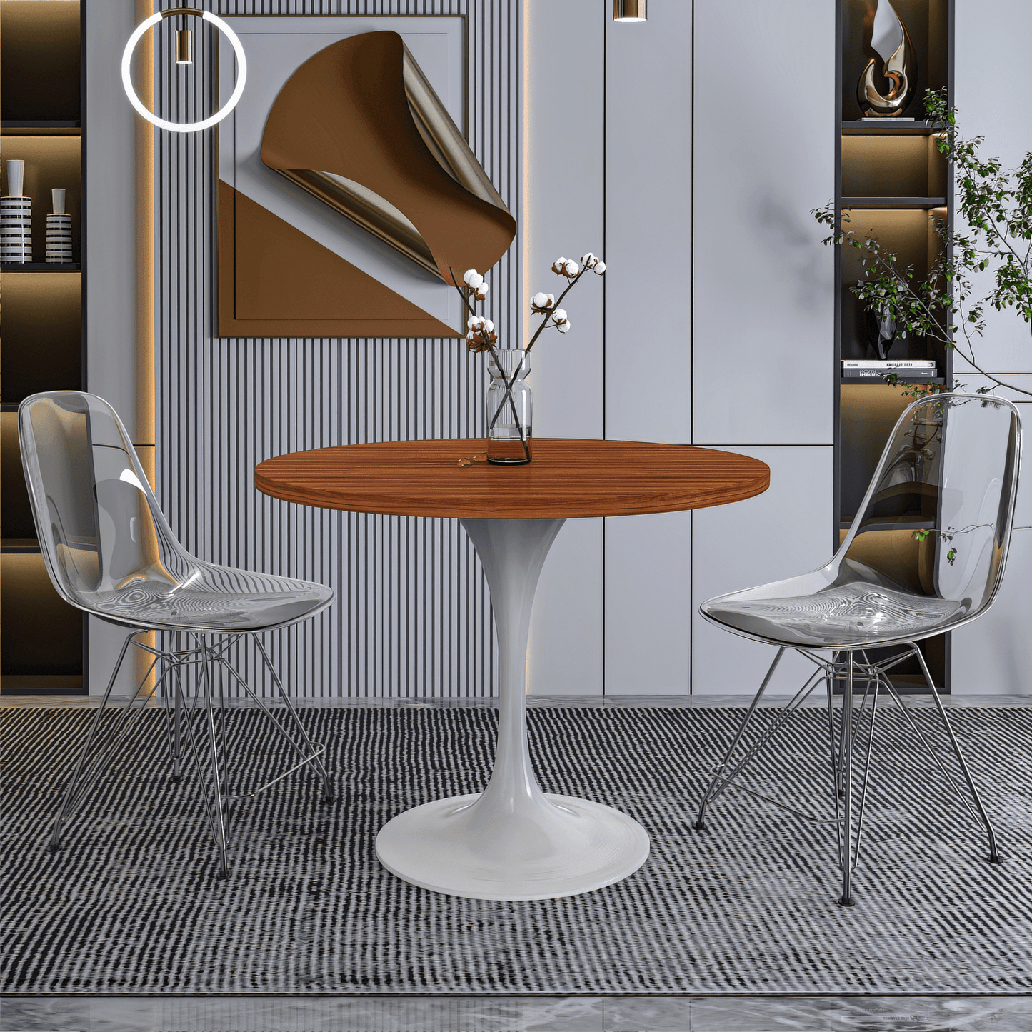 Verve Round Dining Table with MDF/Sintered Stone/Resin Tabletop in White Stainless Steel Pedestal Base
