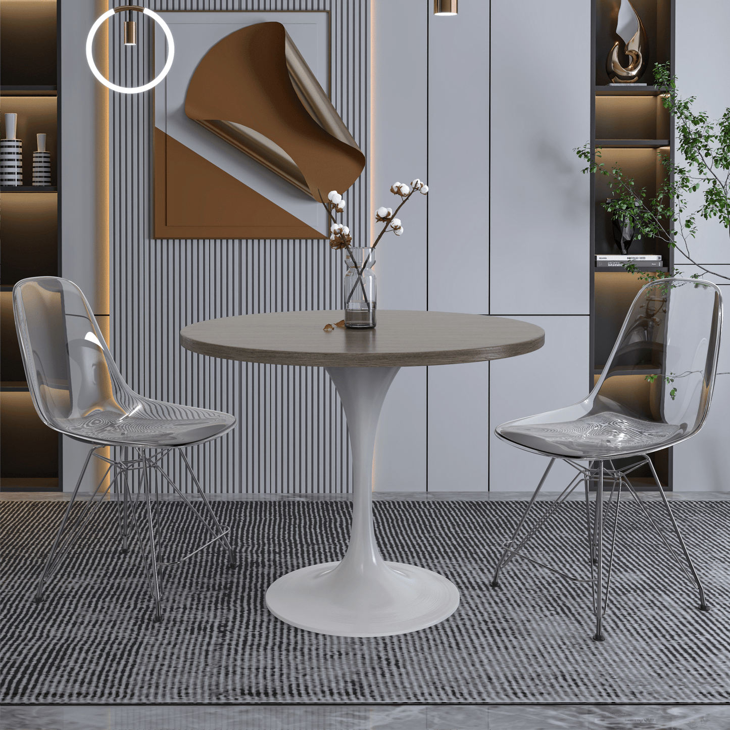 Verve Round Dining Table with MDF/Sintered Stone/Resin Tabletop in White Stainless Steel Pedestal Base