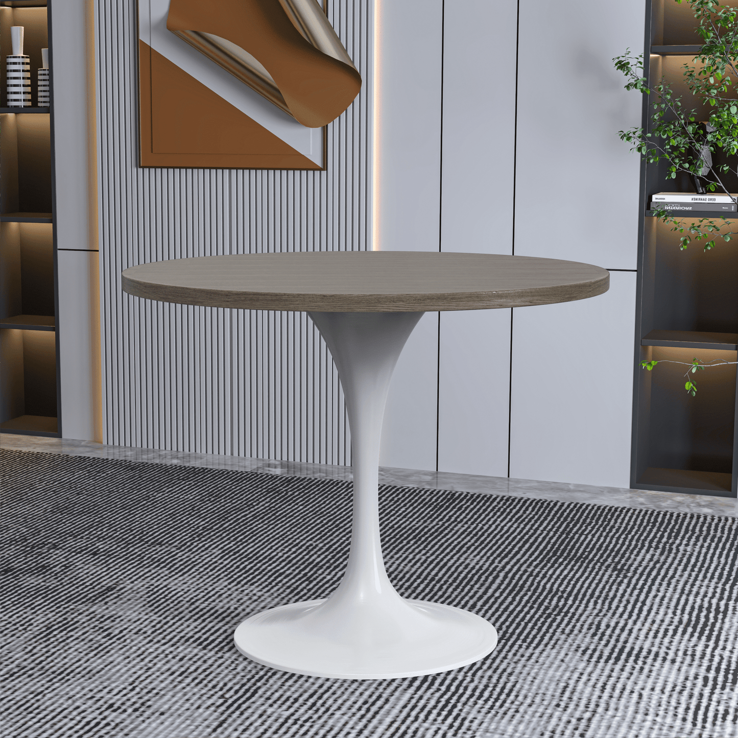 Verve Round Dining Table with MDF/Sintered Stone/Resin Tabletop in White Stainless Steel Pedestal Base