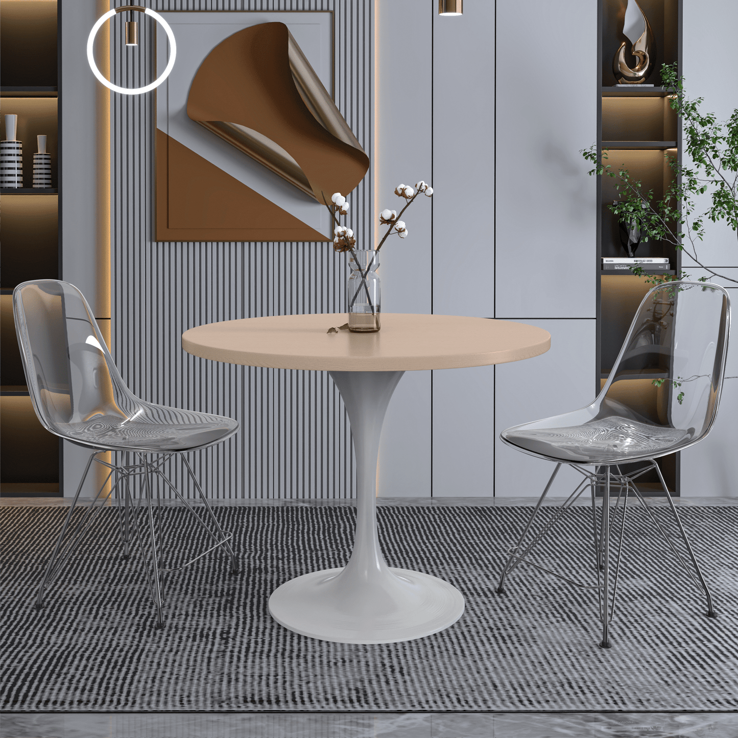 Verve Round Dining Table with MDF/Sintered Stone/Resin Tabletop in White Stainless Steel Pedestal Base