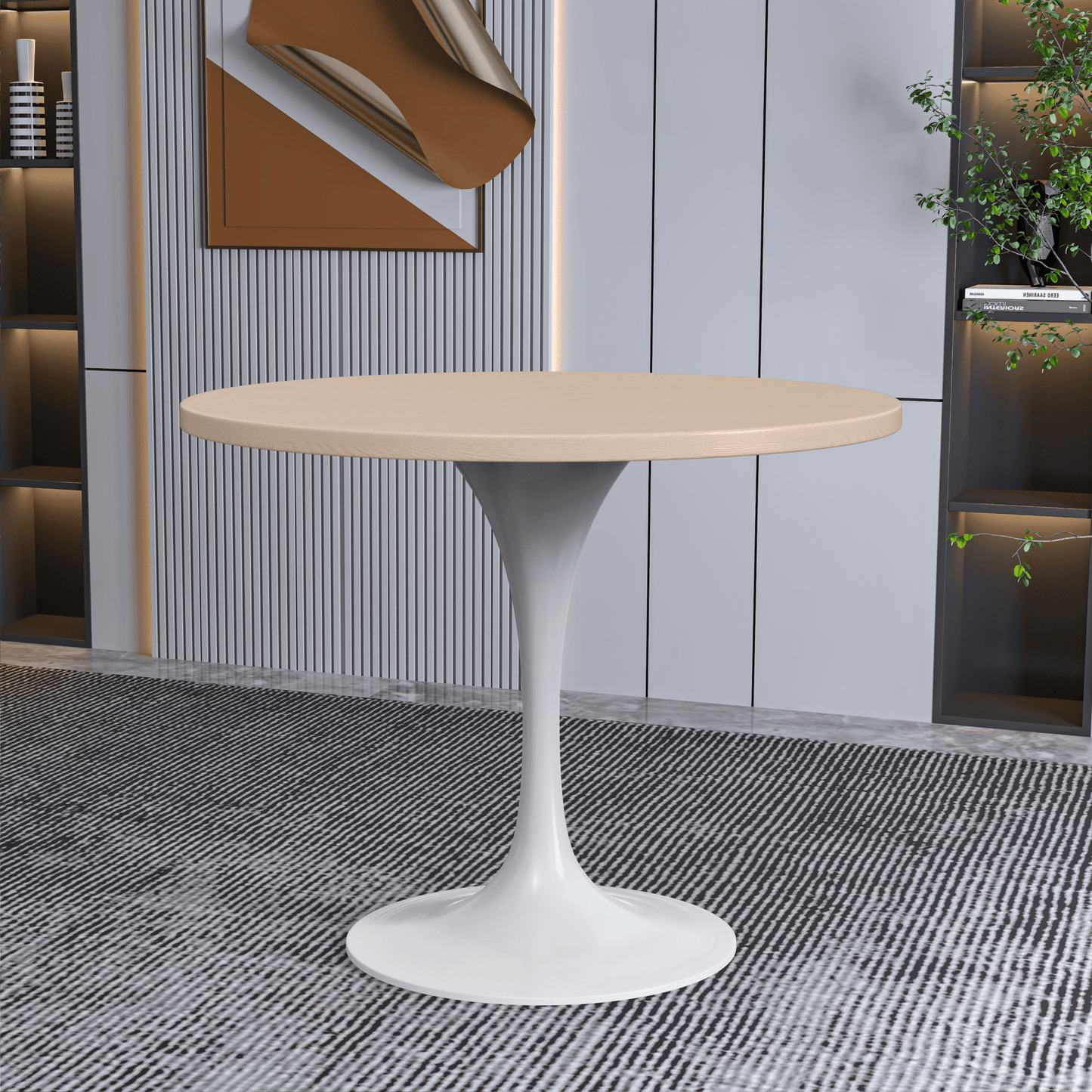 Verve Round Dining Table with MDF/Sintered Stone/Resin Tabletop in White Stainless Steel Pedestal Base